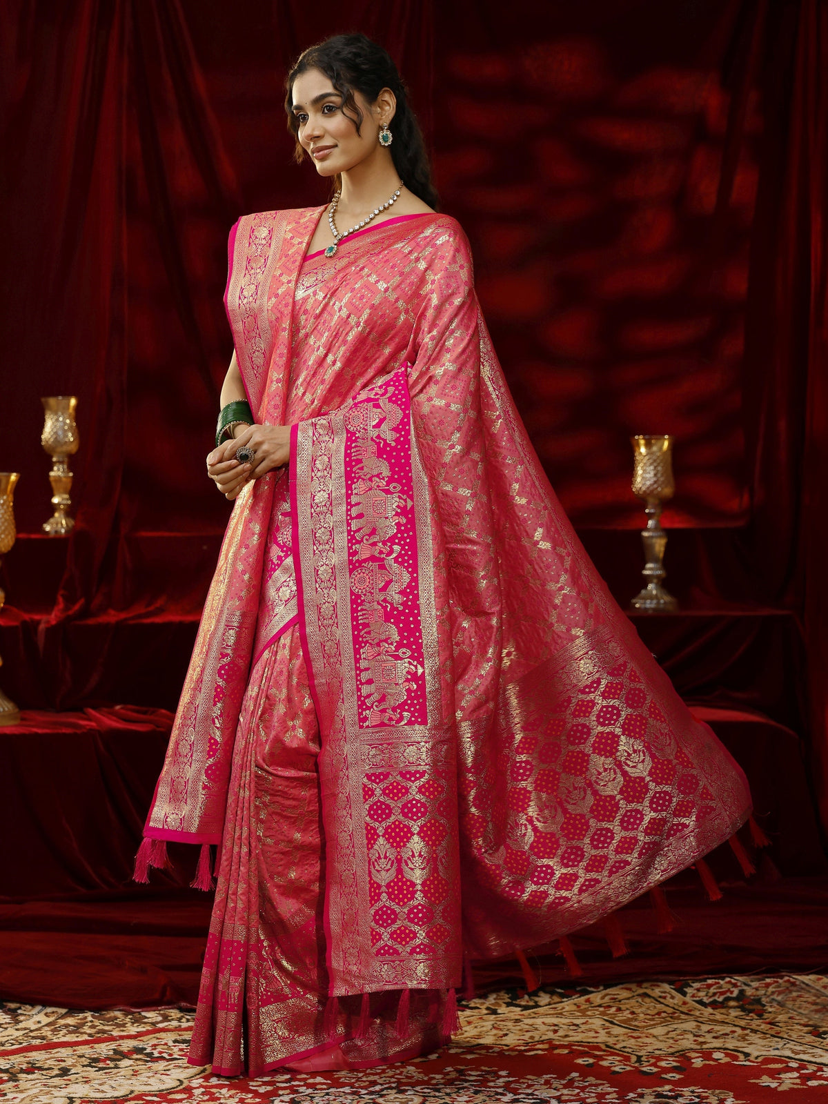 Libas Peach Badhani Woven Design Silk blend Saree with dupatta
