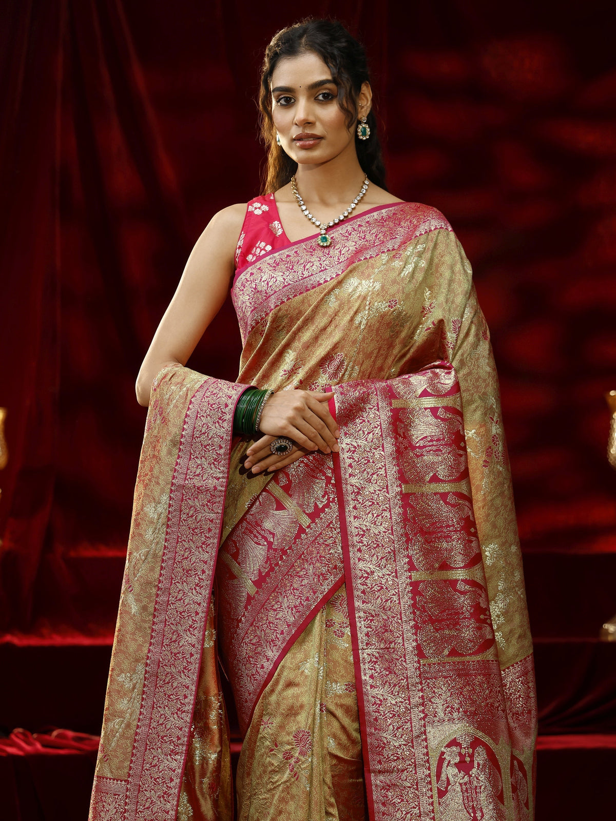Libas Mustard Floral Woven Design Silk blend Saree with dupatta