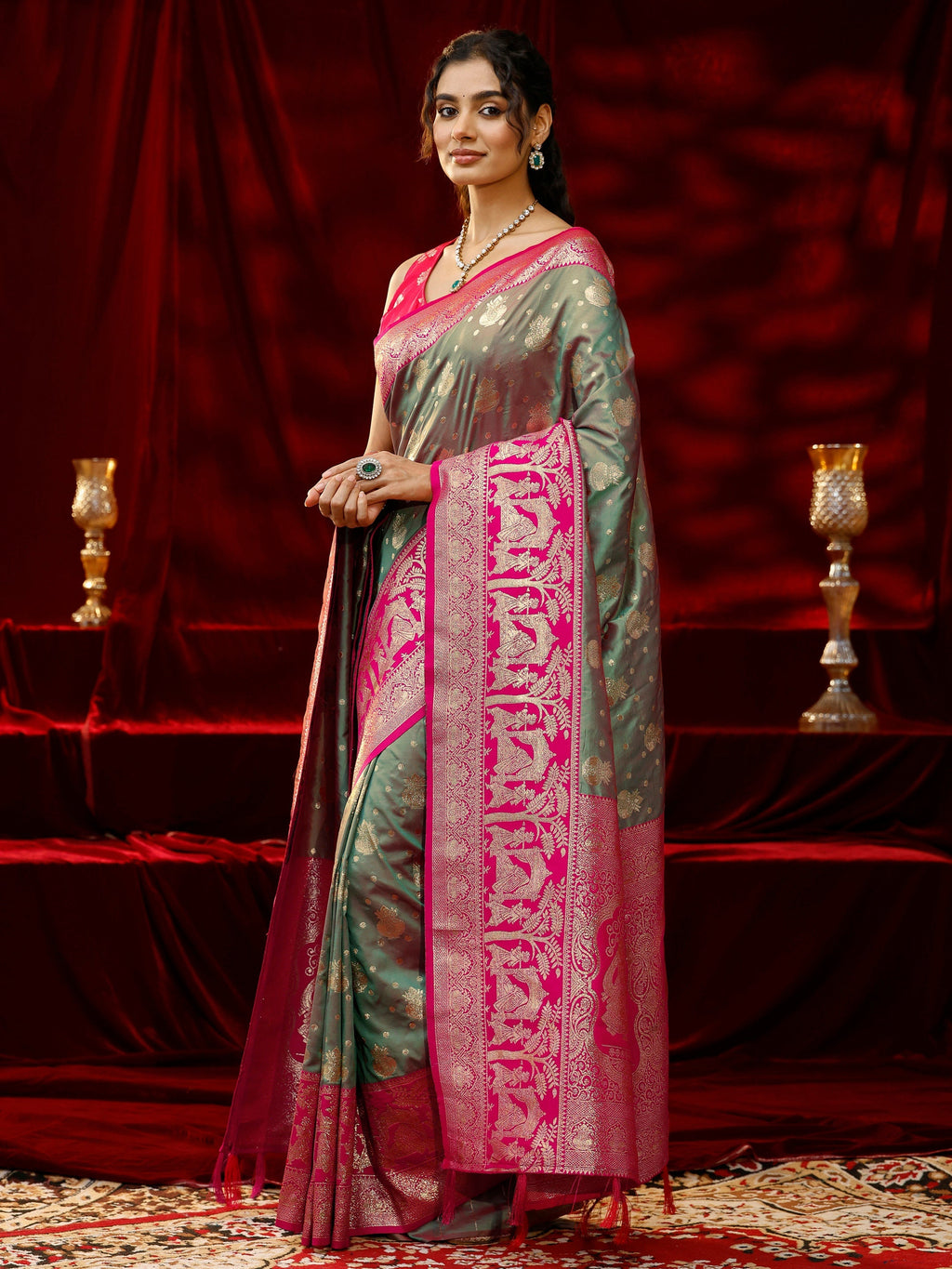 Libas Grey Ethnic Motif Woven Design Silk blend Saree with dupatta