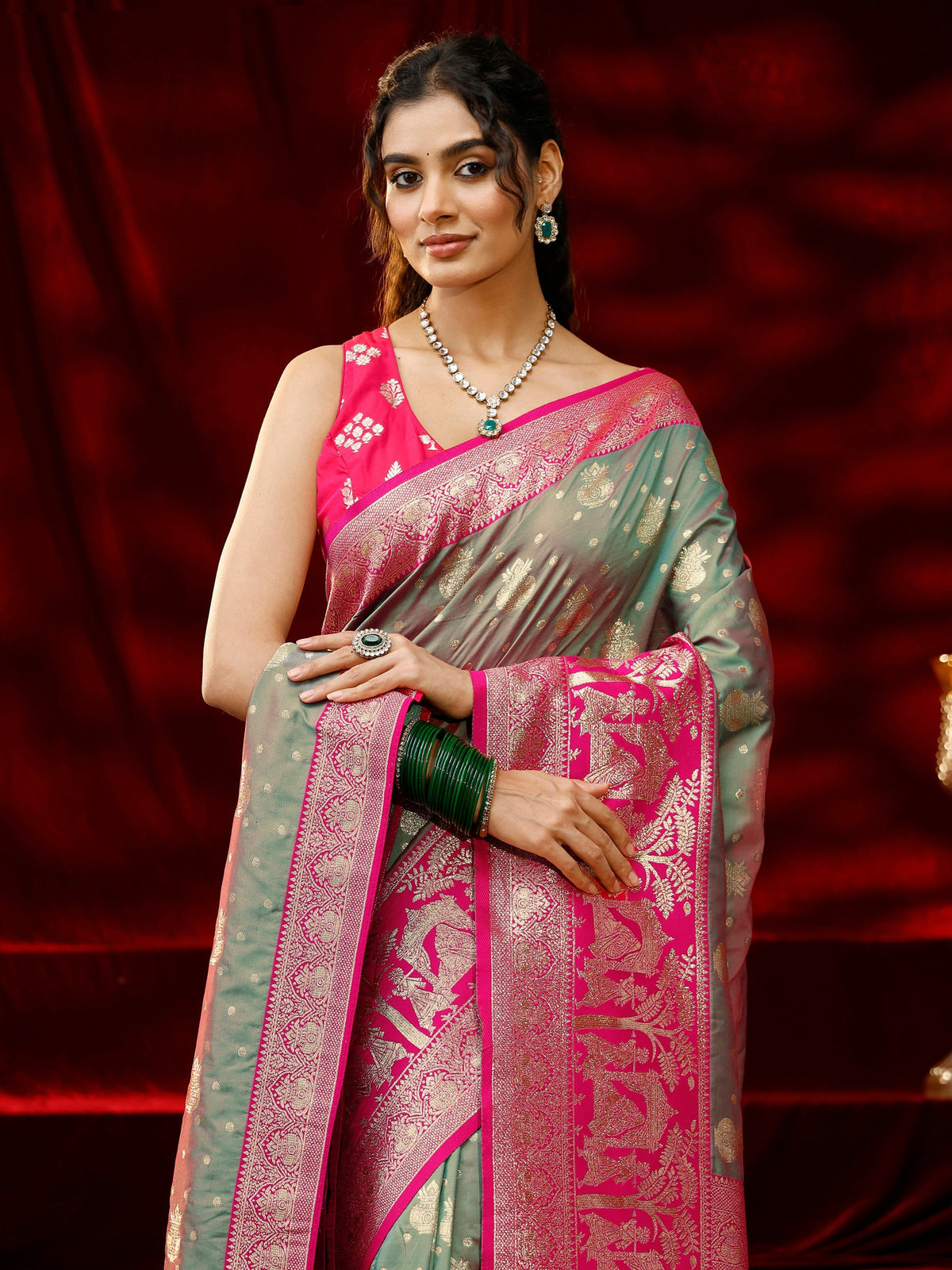 Libas Grey Ethnic Motif Woven Design Silk blend Saree with dupatta