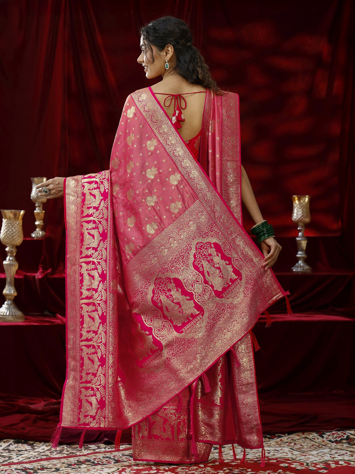 Libas Peach Ethnic Motif Woven Design Silk blend Saree with dupatta