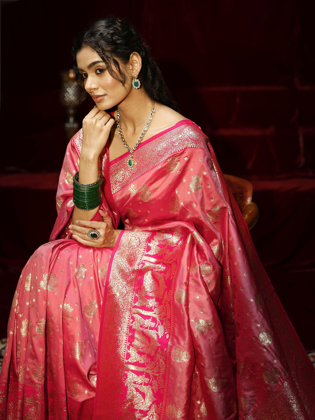 Libas Peach Ethnic Motif Woven Design Silk blend Saree with dupatta