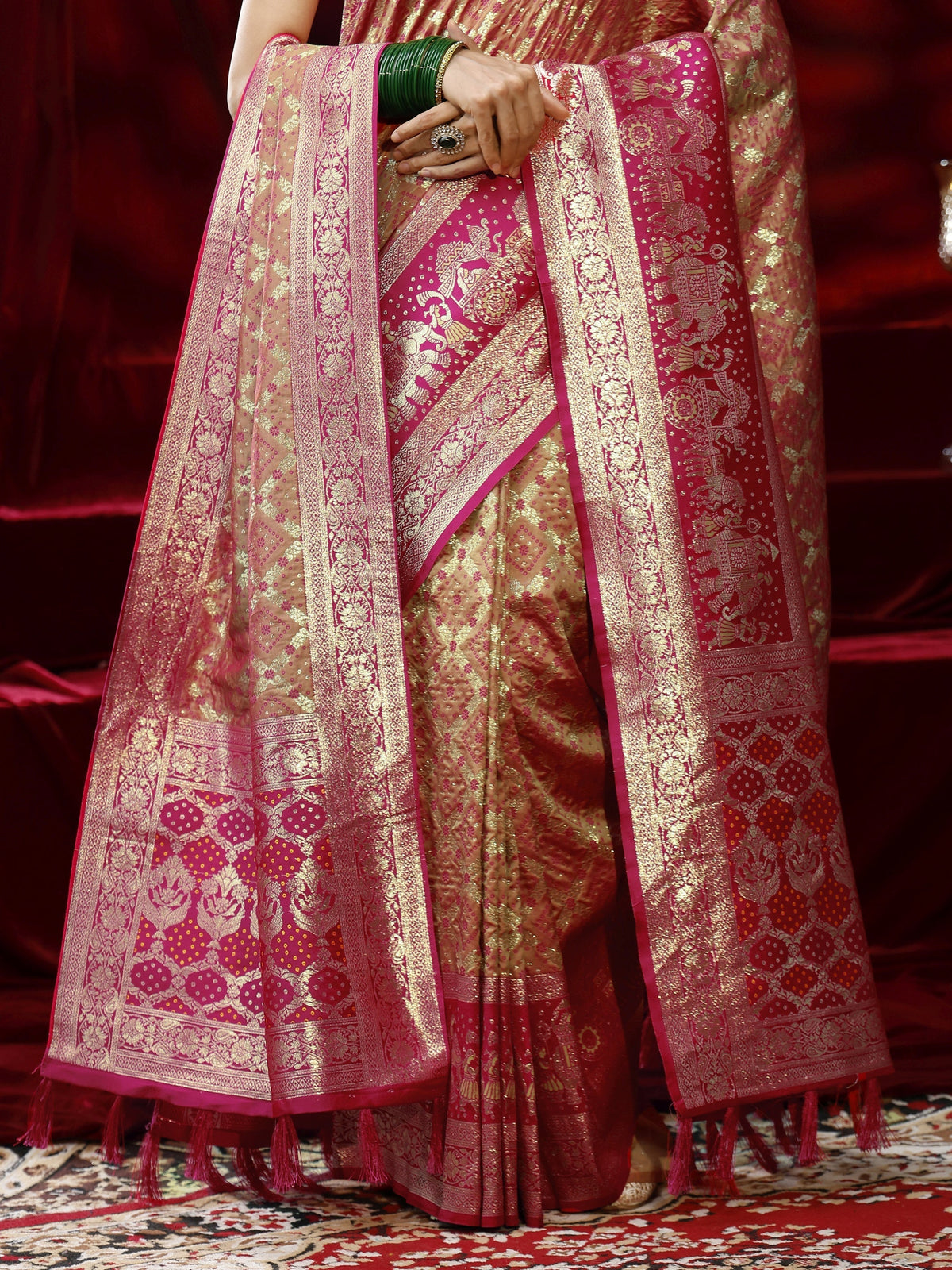 Libas Mustard Ethnic Motif Woven Design Silk blend Saree with dupatta