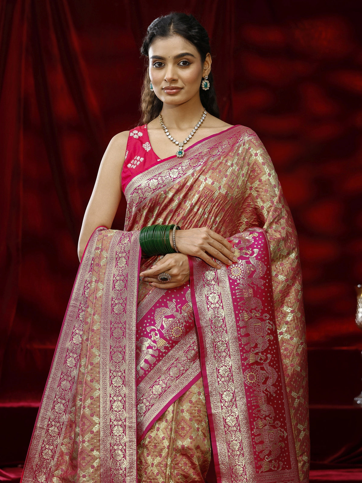 Libas Mustard Ethnic Motif Woven Design Silk blend Saree with dupatta