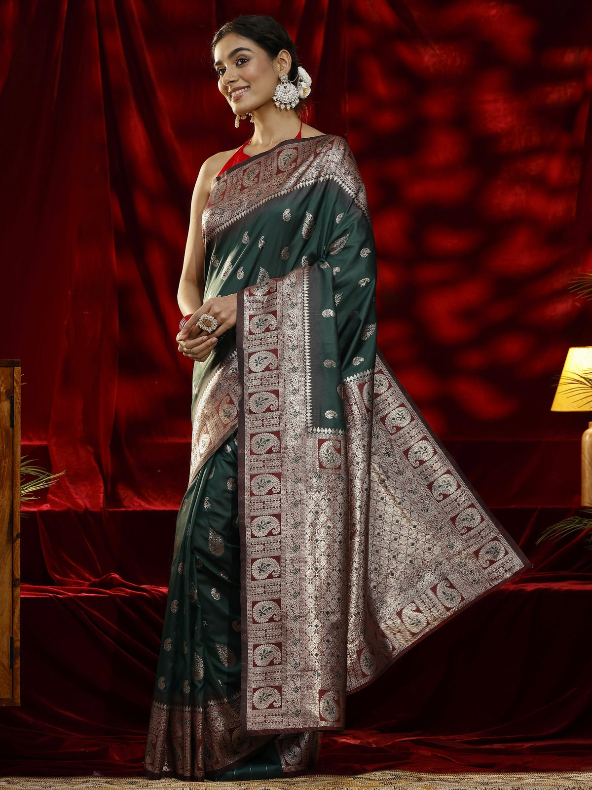 Libas Green Paisley Woven Design Silk blend Saree