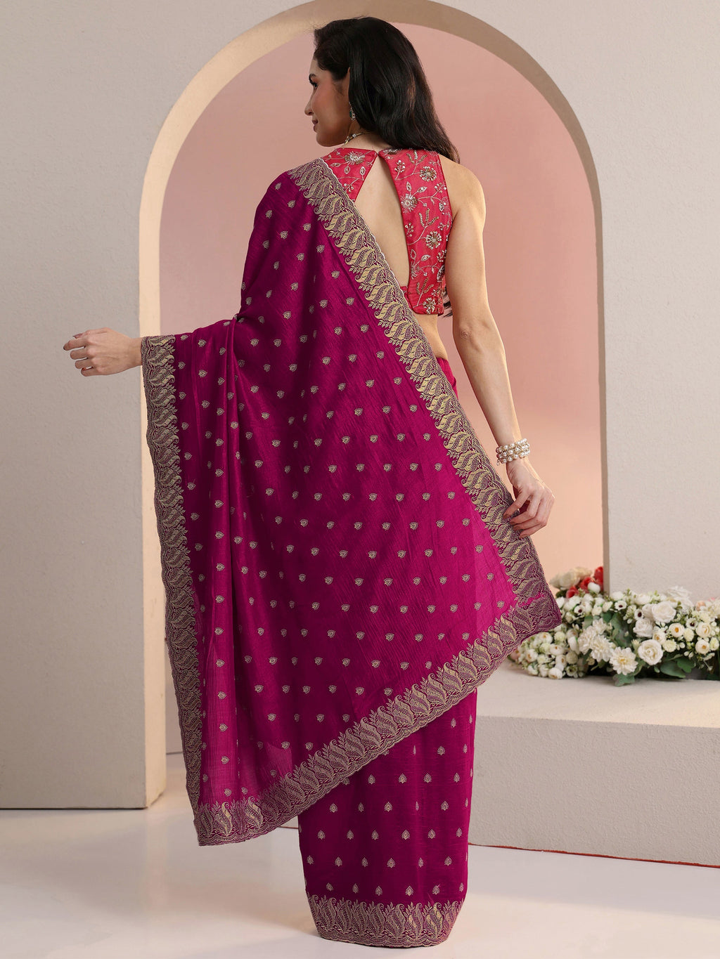Libas Rani Pink Embroidered Silk Blend Saree
