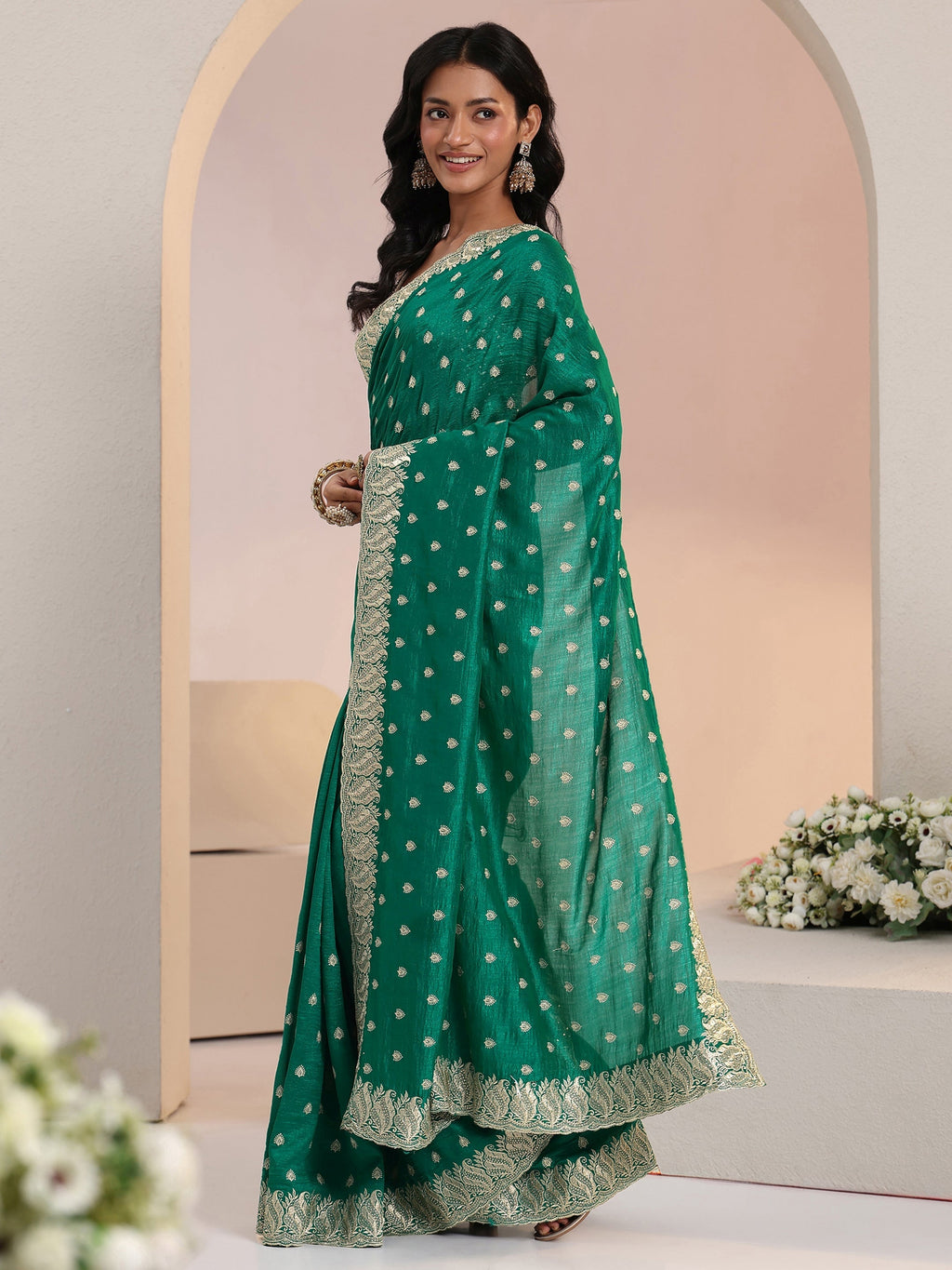Libas Emerald Green Embroidered Silk Blend Saree