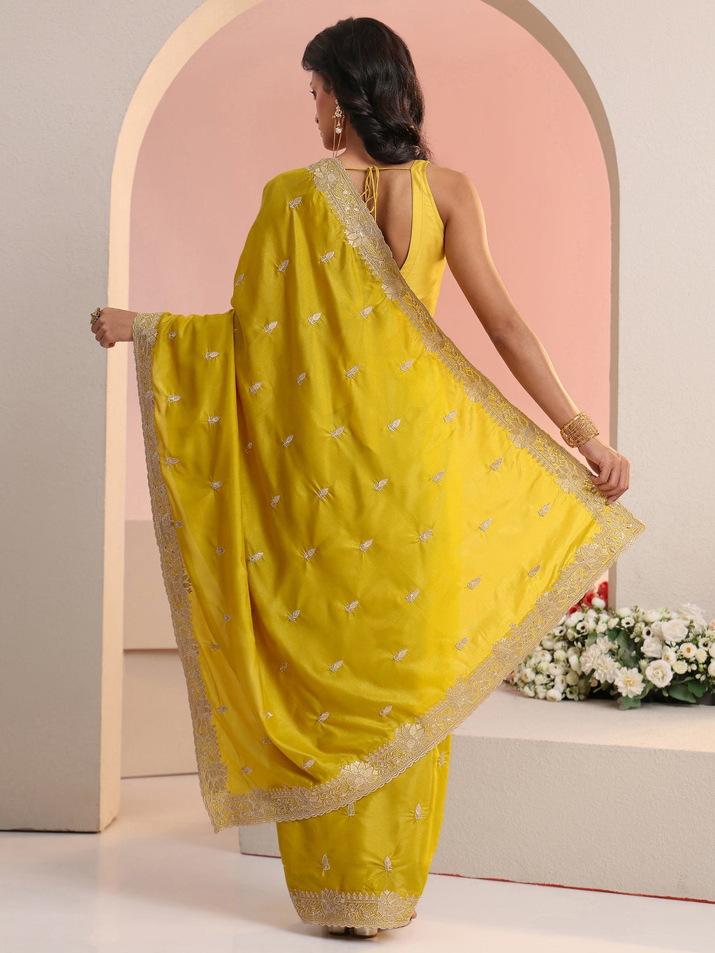 Libas Mustard Embroidered Silk Blend Saree