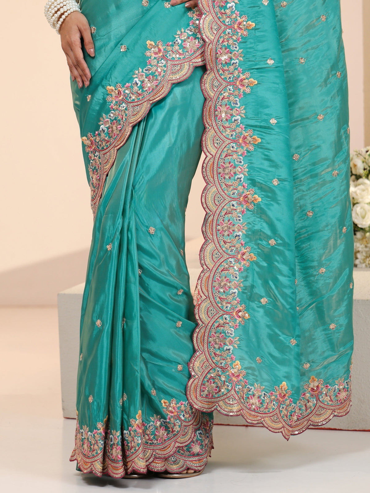 Libas Sea Green Embellished Silk Blend Saree