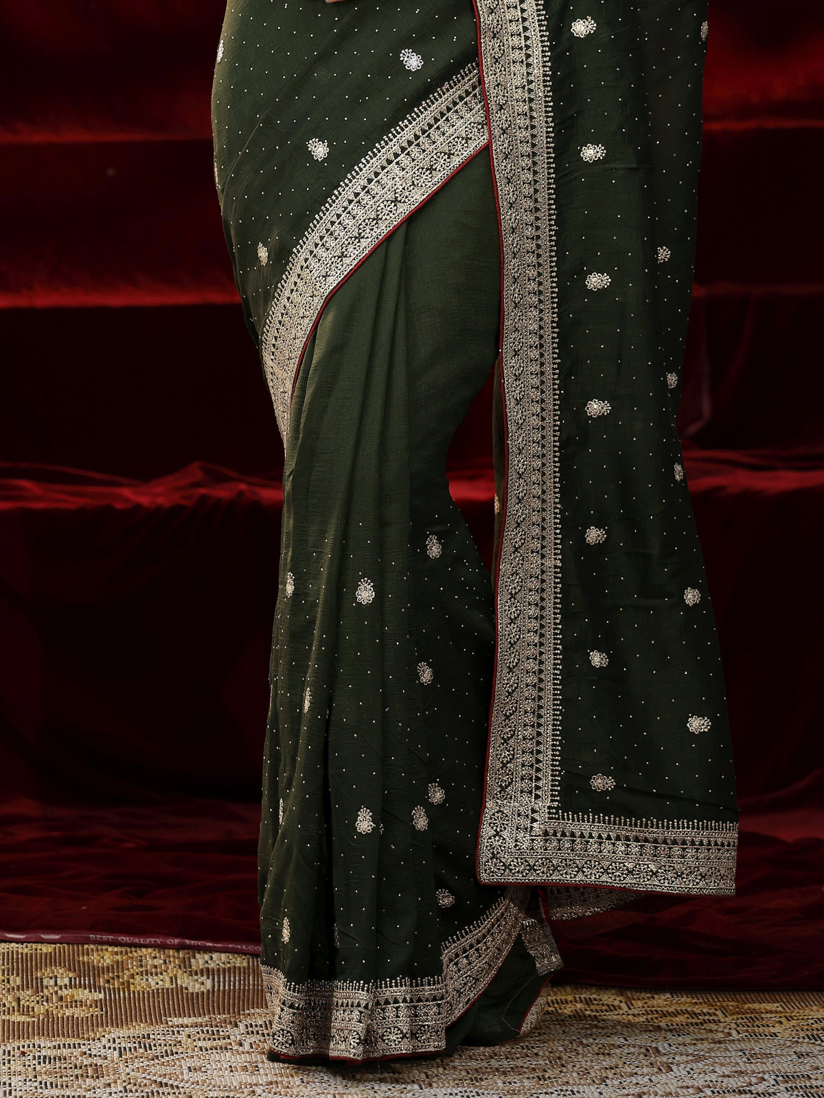 Libas Green Floral Embroidered Silk blend Saree