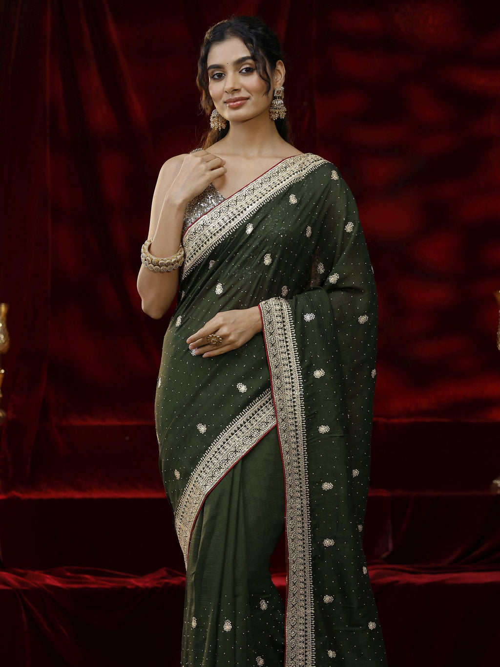 Libas Green Floral Embroidered Silk blend Saree