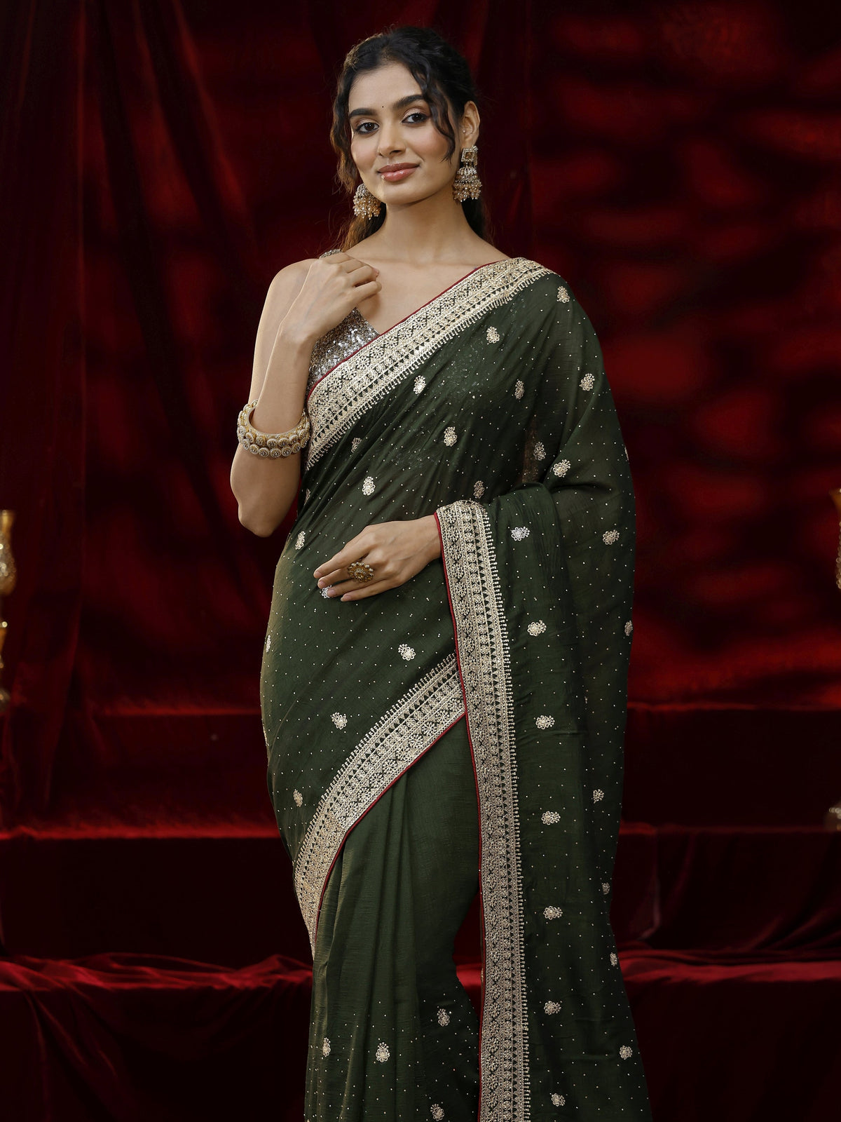 Libas Green Floral Embroidered Silk blend Saree