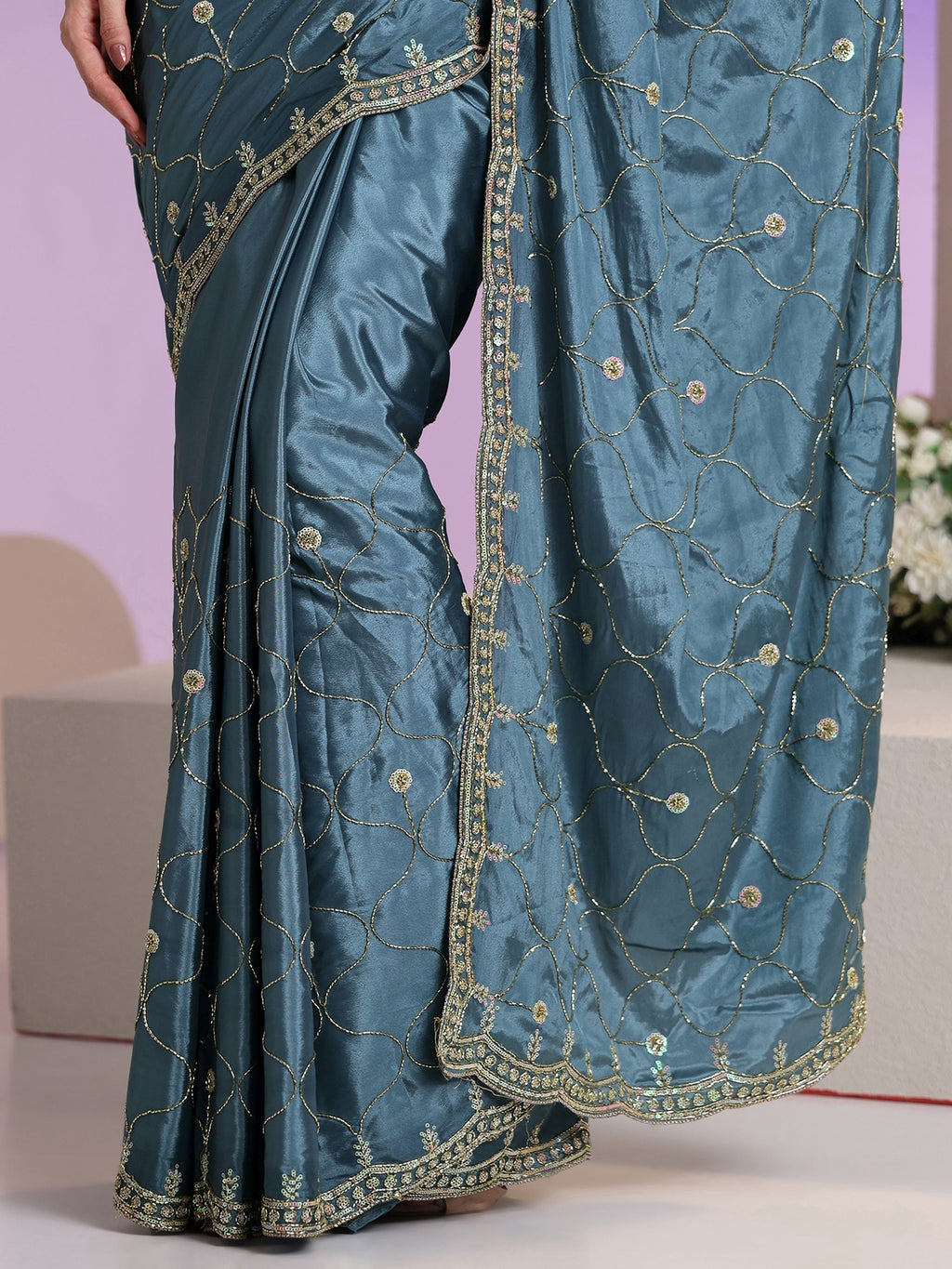 Libas Dusty Blue Embellished Silk Blend Saree