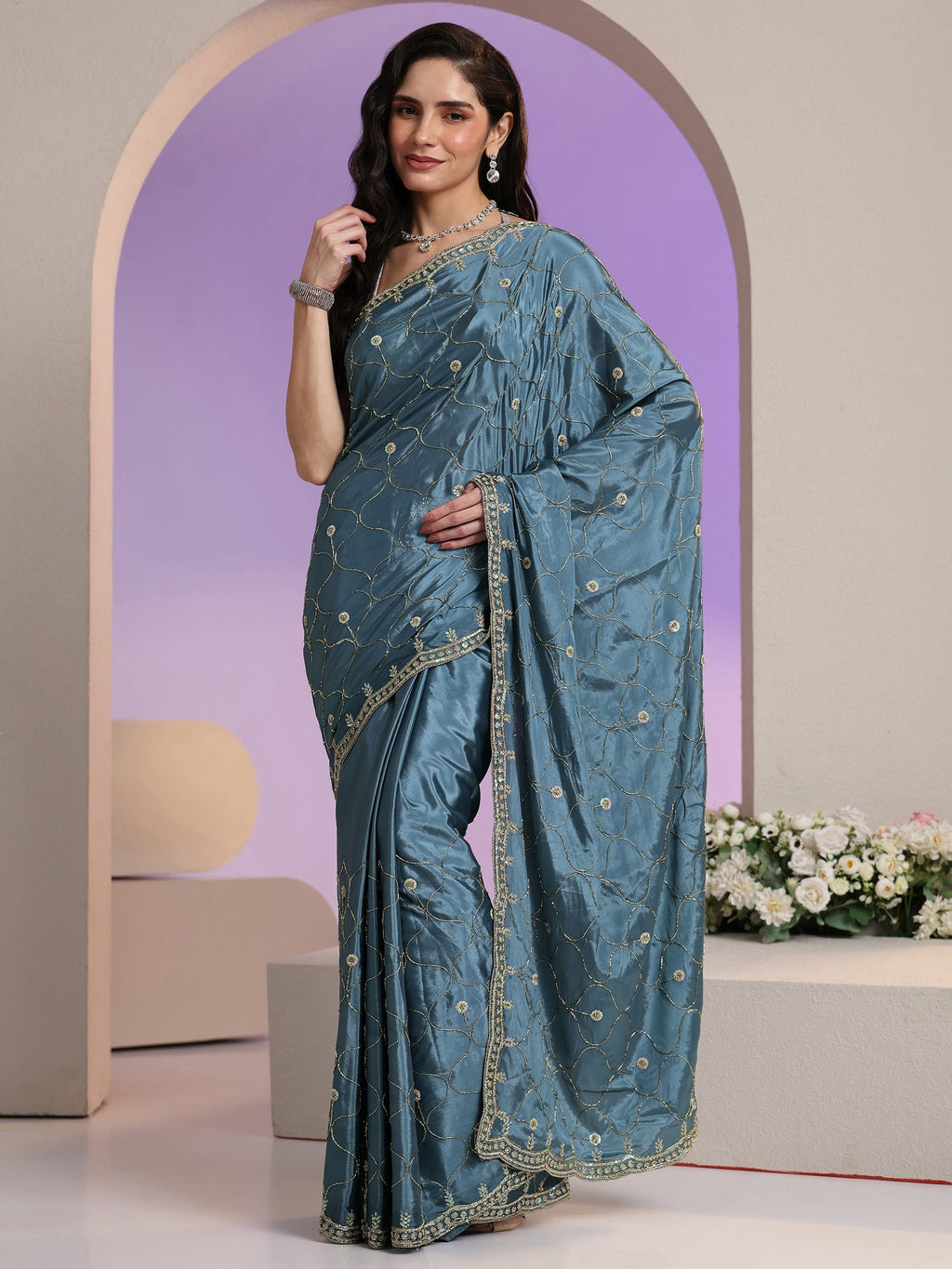 Libas Dusty Blue Embellished Silk Blend Saree