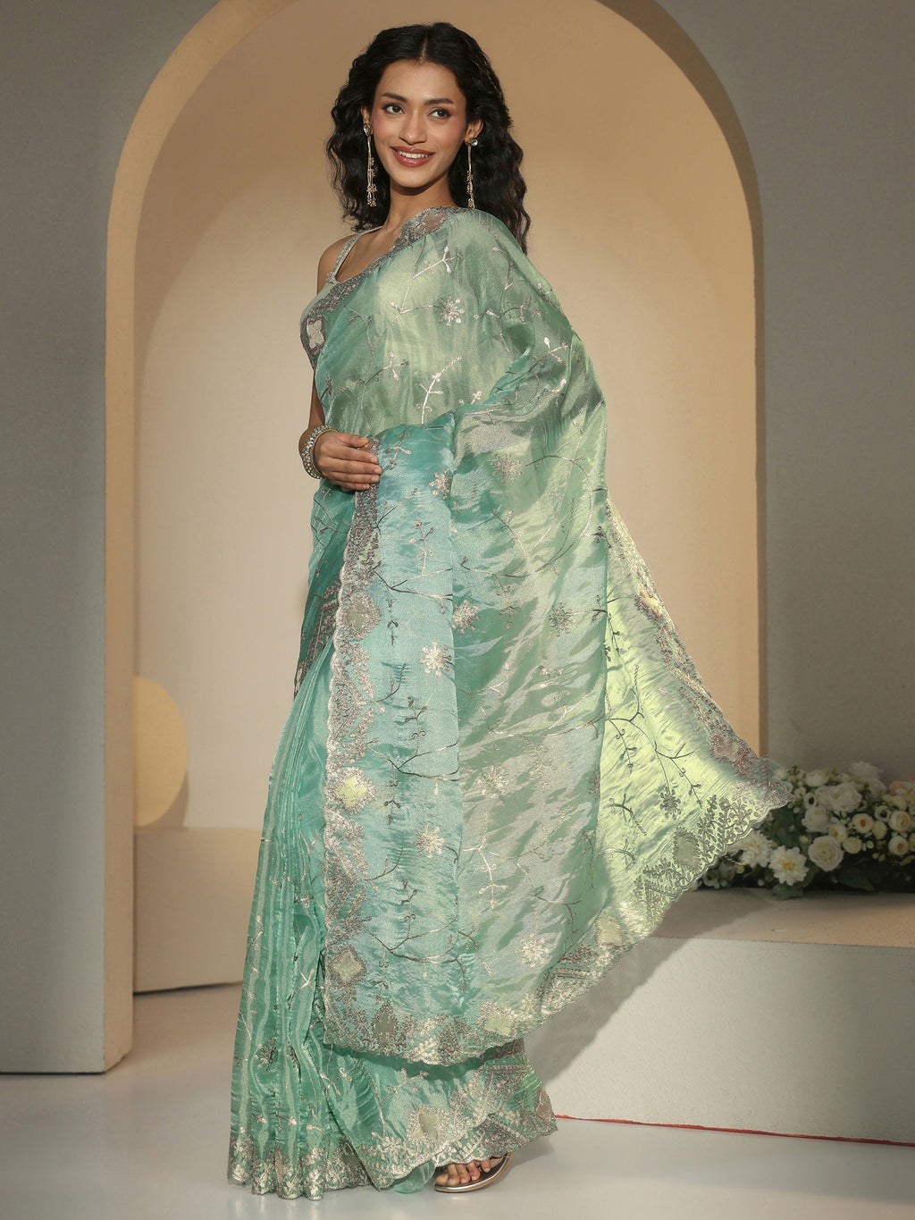 Libas Sea Green Floral Embroidered Tissue Saree
