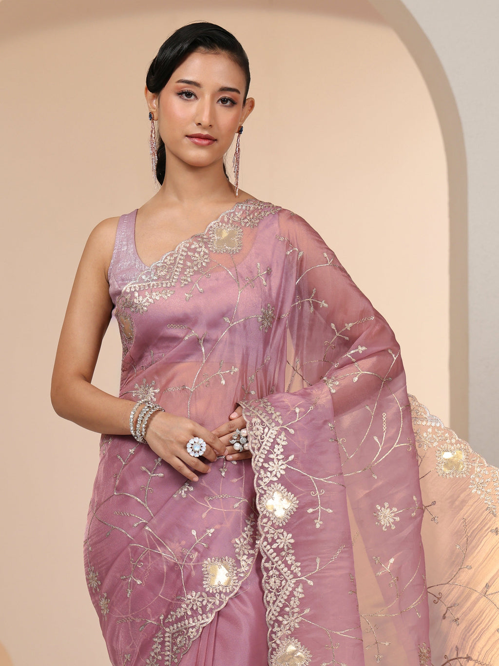 Libas Dusty Rose Pink Floral Embroidered Tissue Saree
