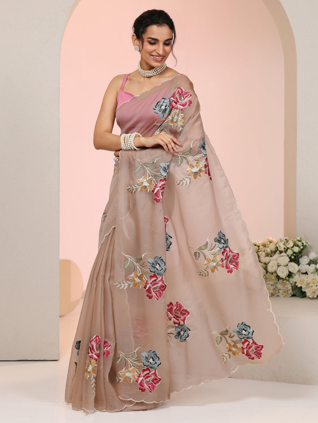 Libas Beige Floral Embroidered Tissue Saree with Scalloped Border