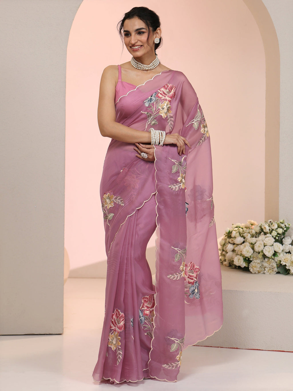 Libas Mauve Floral Embroidered Tissue Saree with Scalloped Border