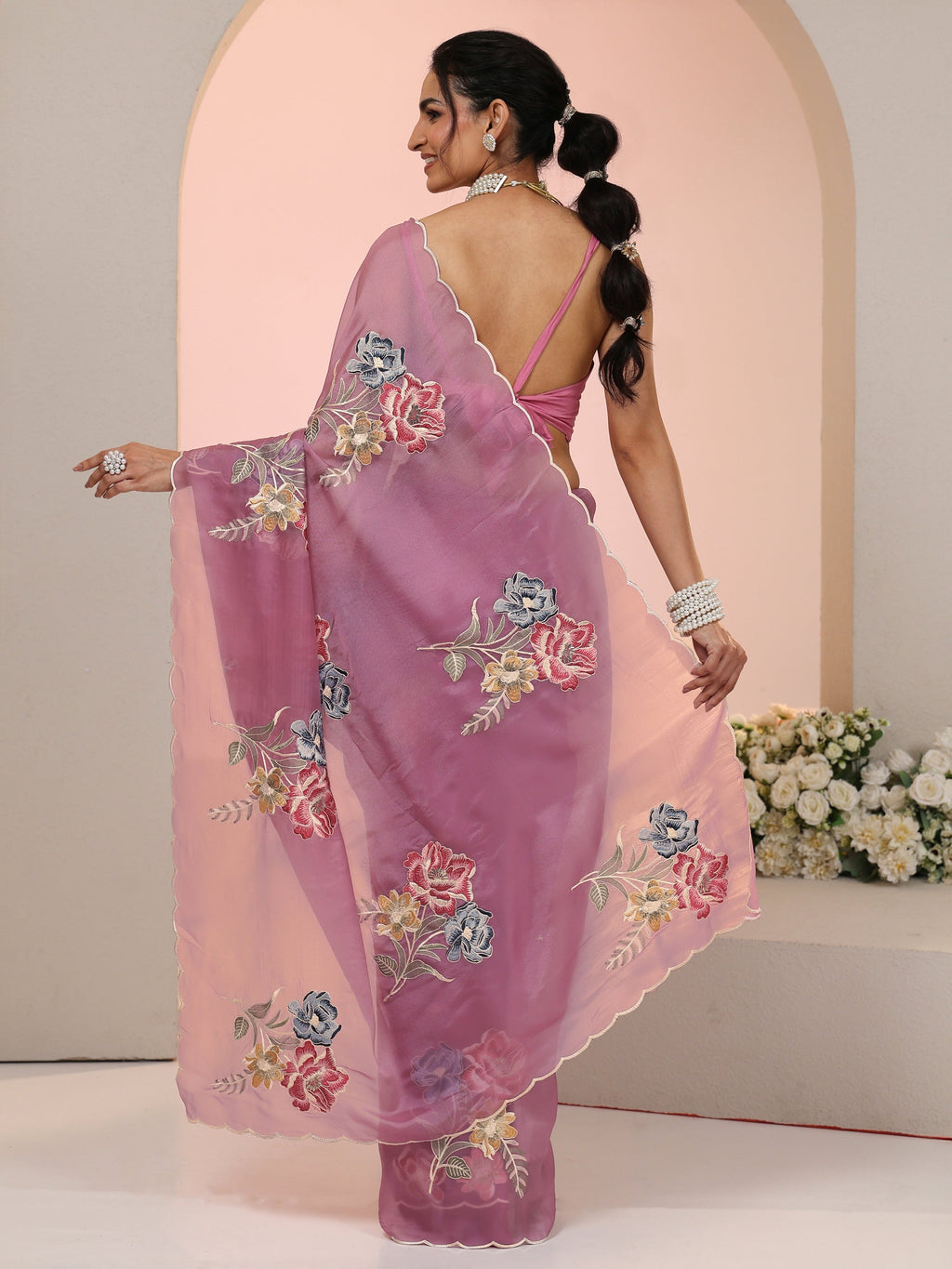 Libas Mauve Floral Embroidered Tissue Saree with Scalloped Border