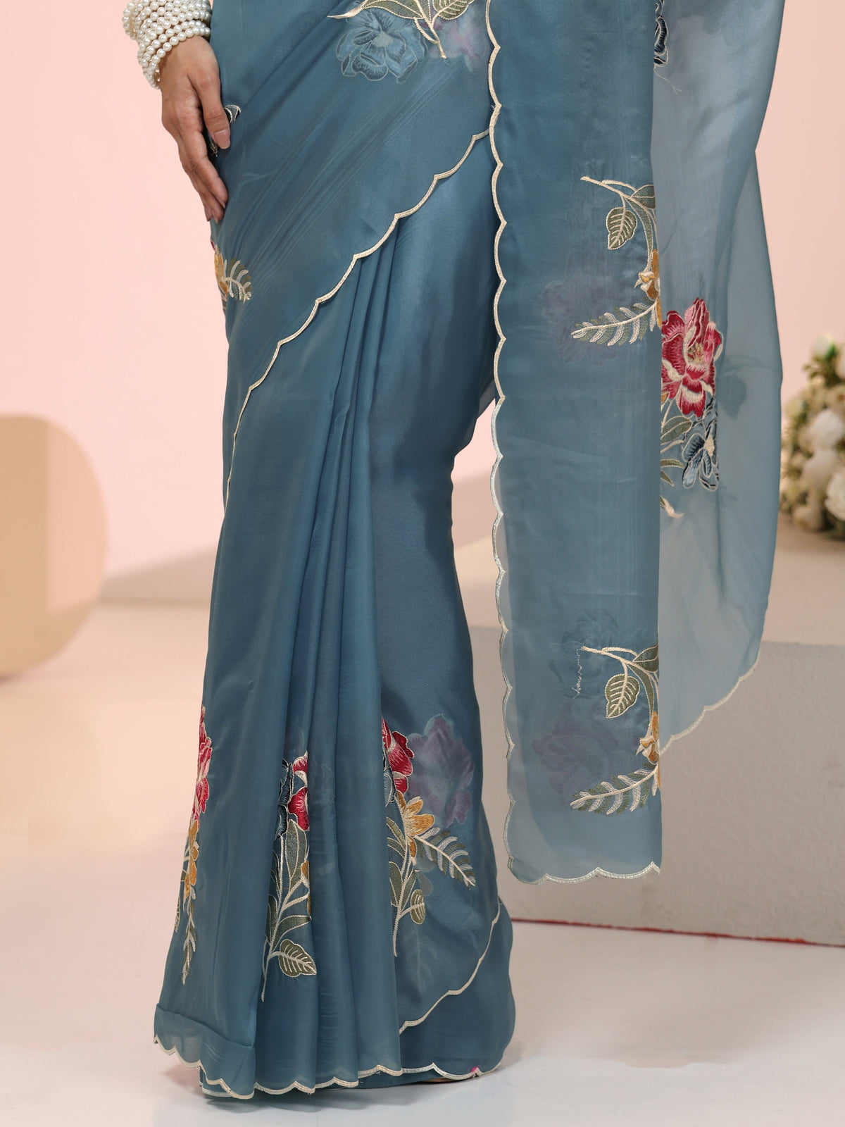 Libas Steel Blue Floral Embroidered Tissue Saree with Scalloped Border