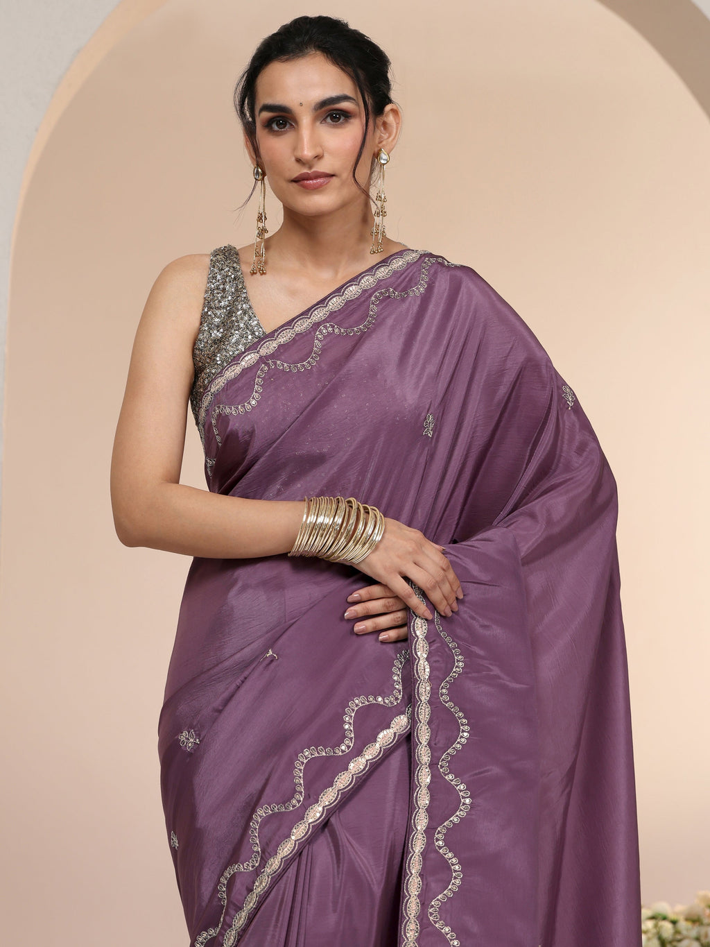 Libas Dusty Plum Purple Embroidered Silk Blend Saree