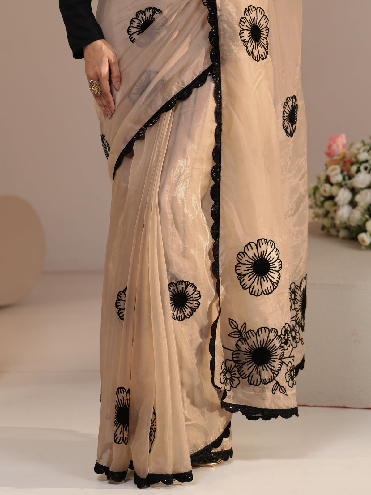 Libas Beige Floral Embroidered Tissue Saree with Scalloped Border
