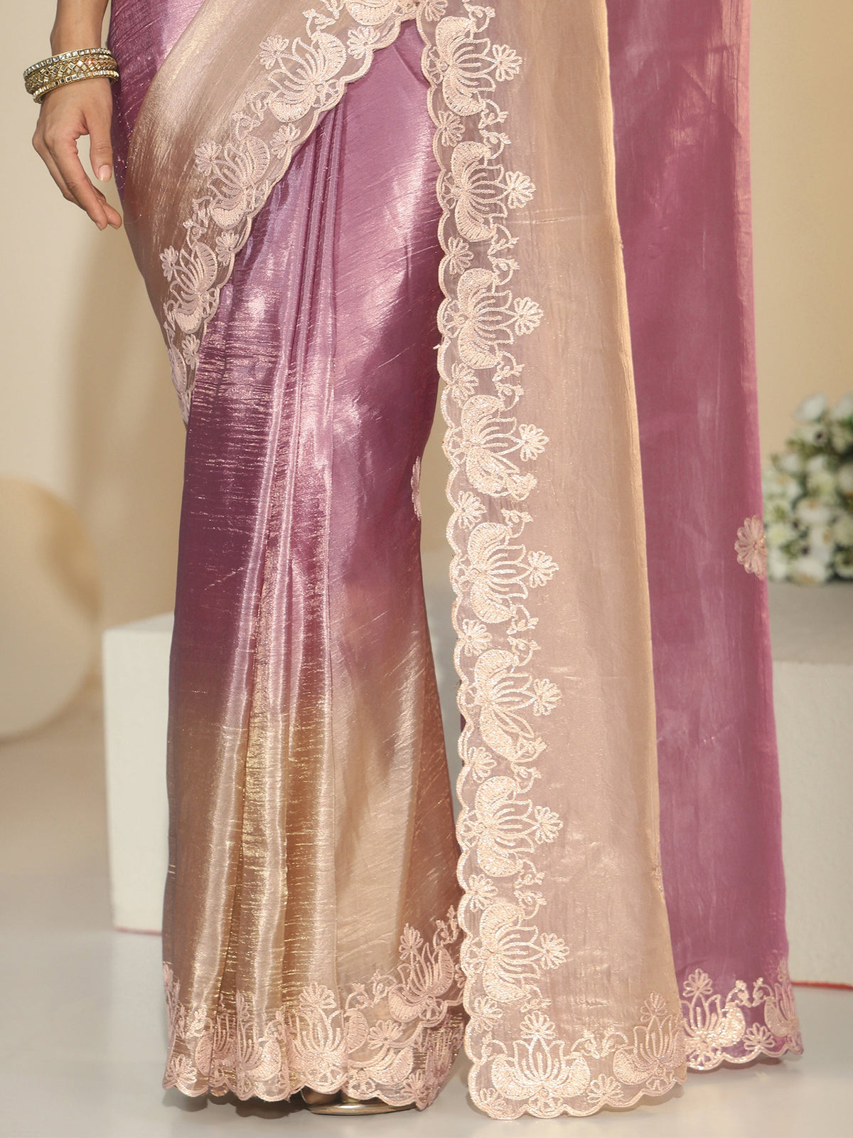 Libas Lavender Floral Embroidered Tissue Saree