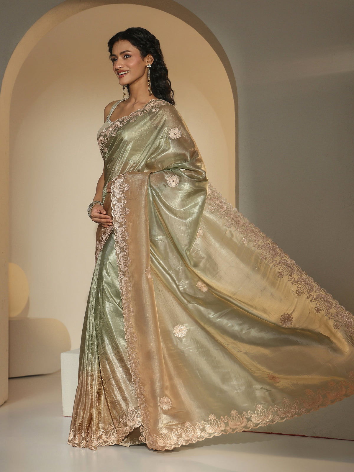 Libas Sage Green Floral Embroidered Tissue Saree