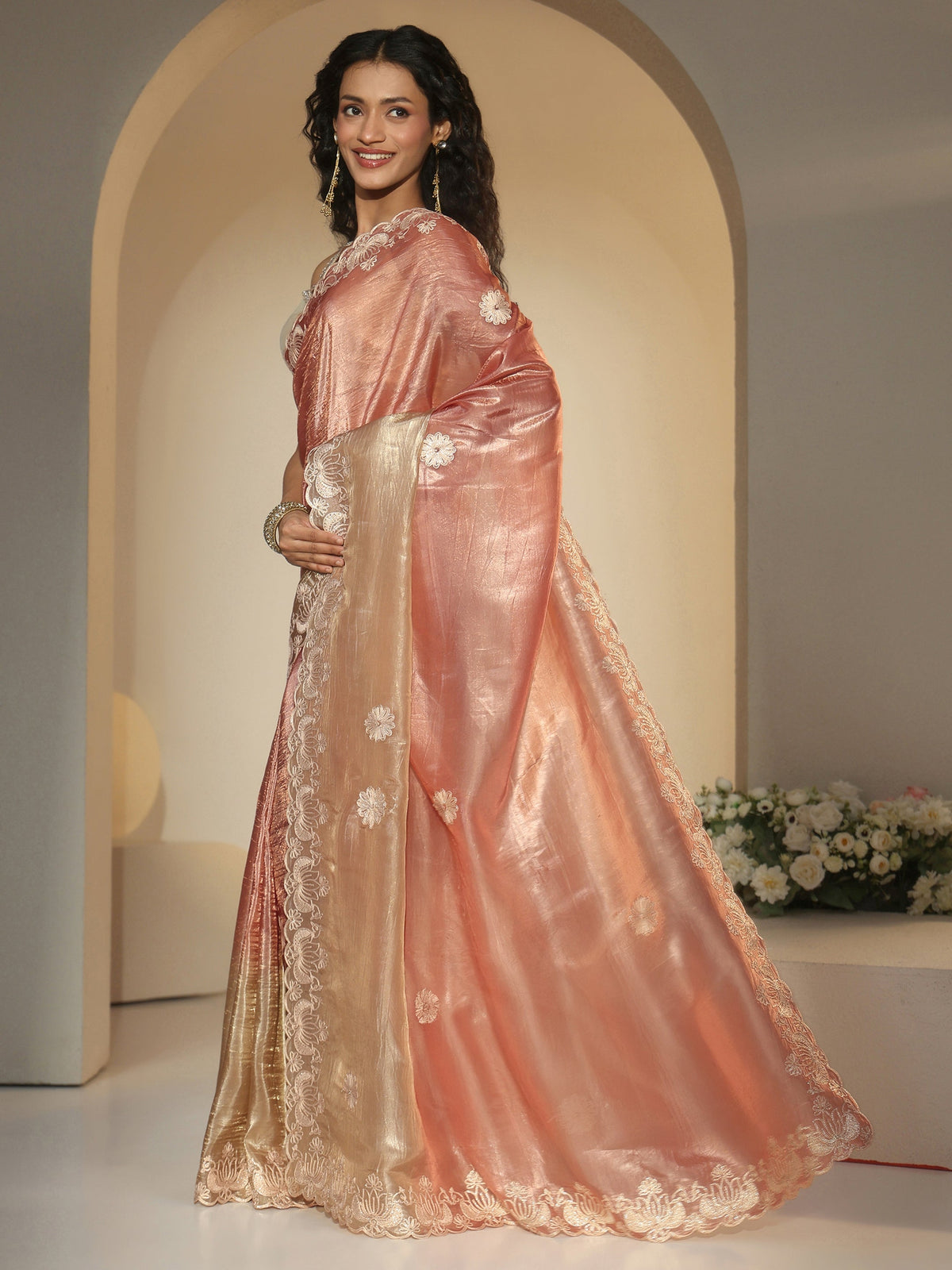 Libas Peach Floral Embroidered Tissue Saree