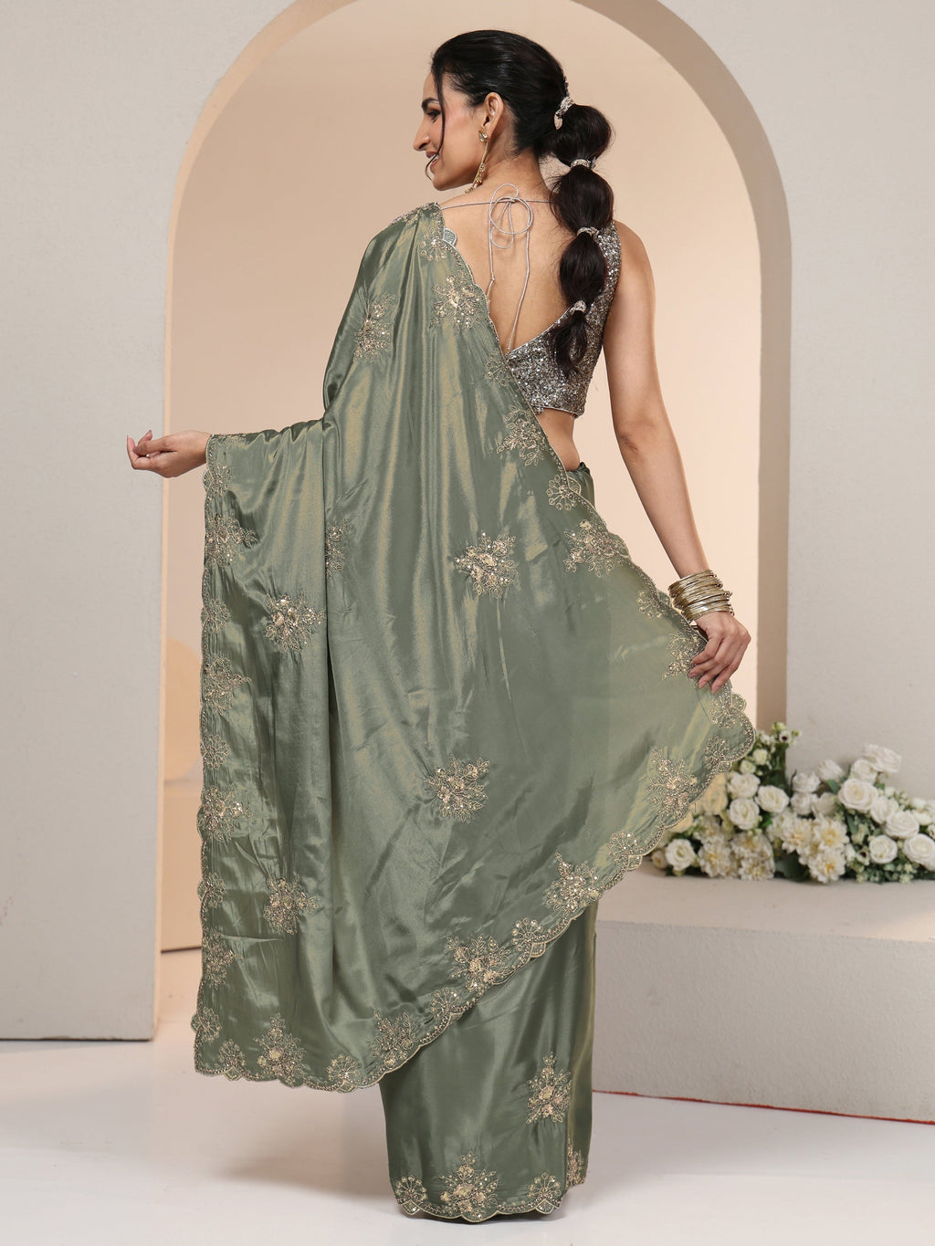 Libas Dusty Olive Green Floral Embroidered Silk Blend Saree