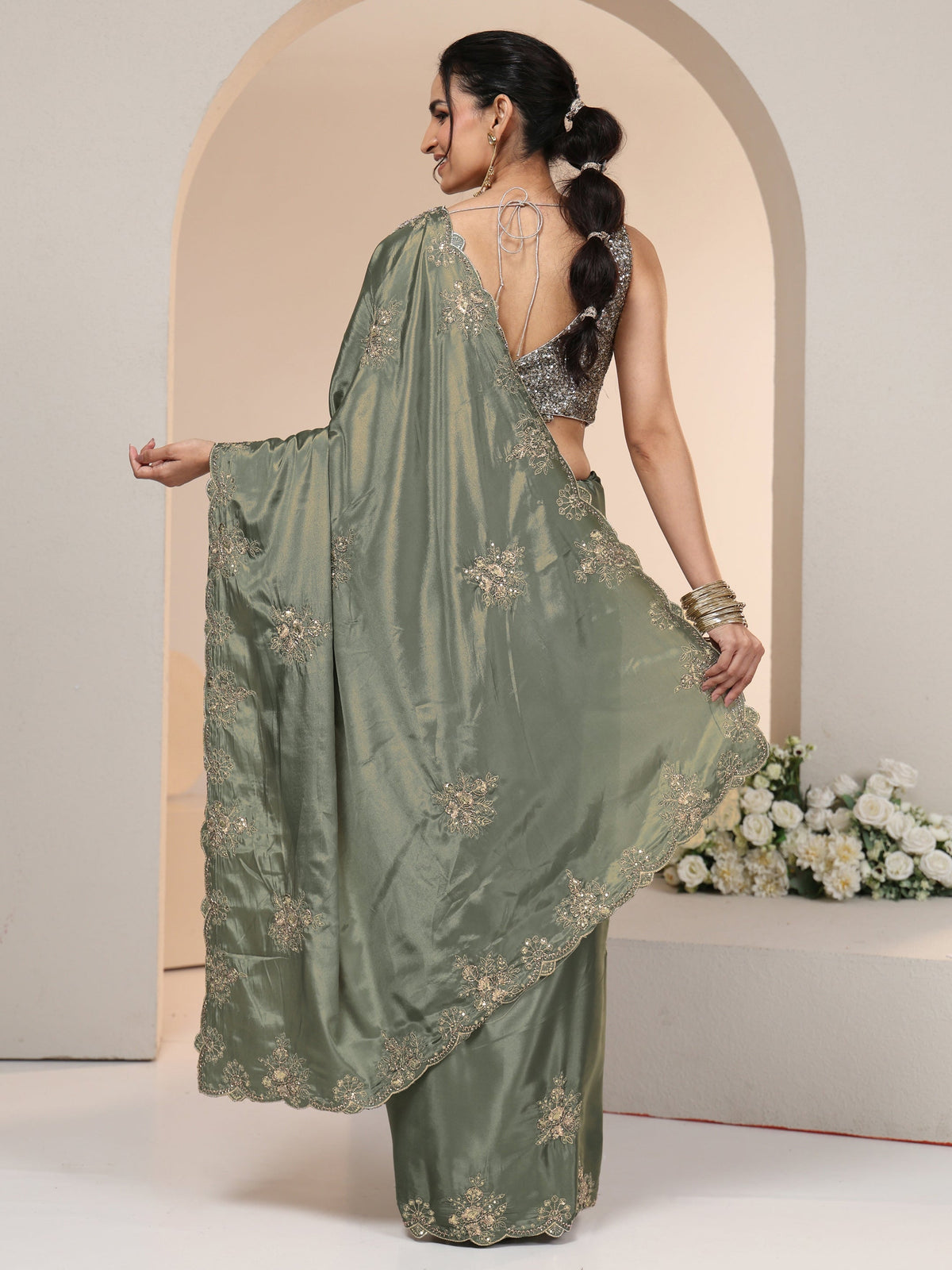 Libas Dusty Olive Green Floral Embroidered Silk Blend Saree