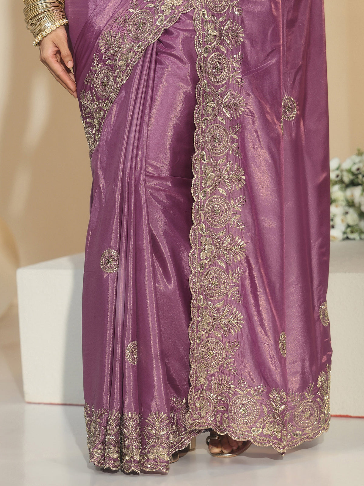 Libas Mauve Embroidered Silk Blend Saree