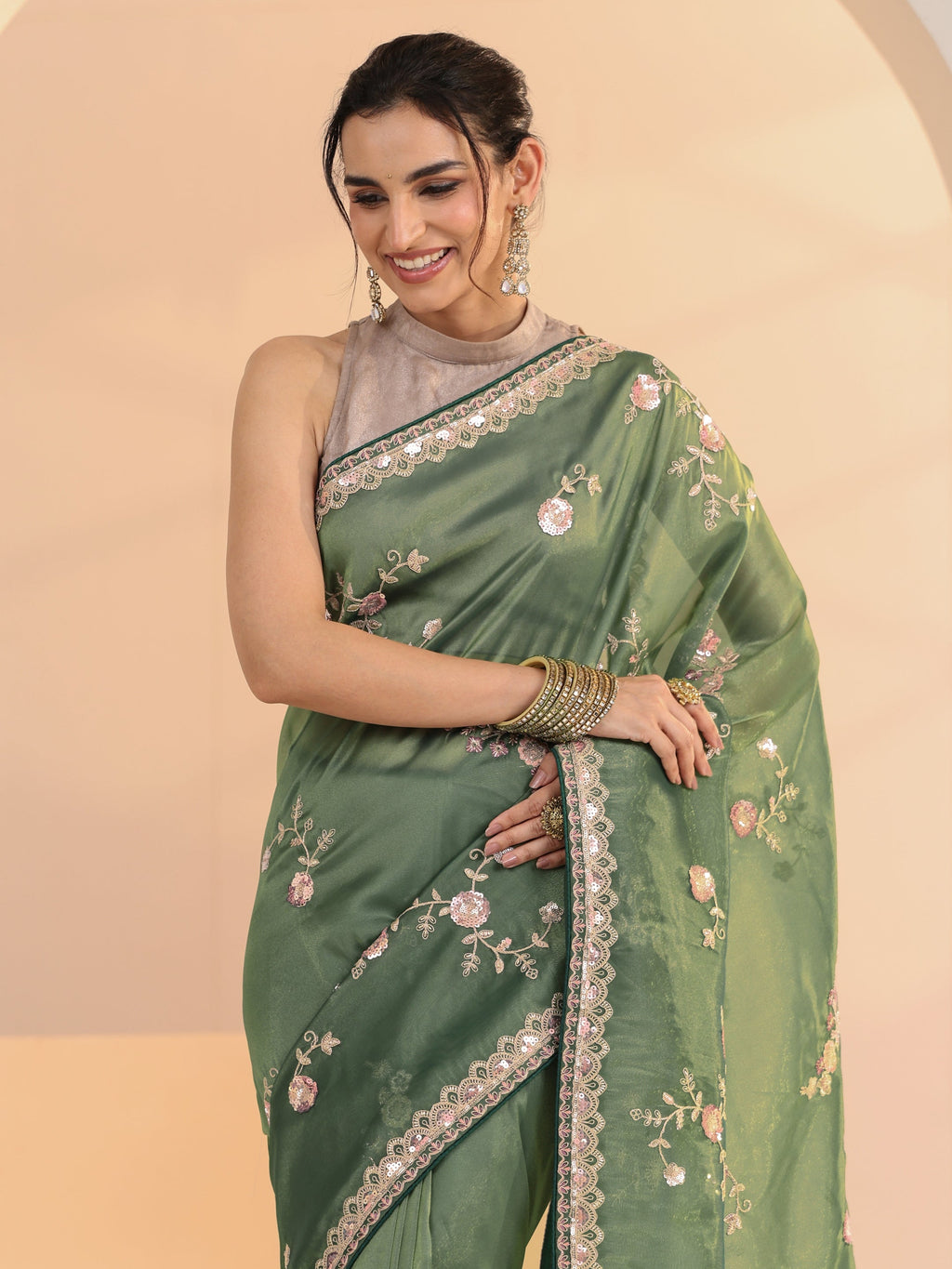 Libas Sage Green Floral Embellished Tissue Saree