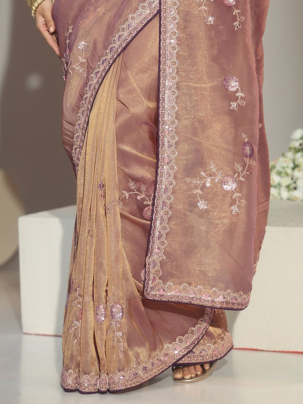 Libas Taupe Floral Embellished Tissue Saree