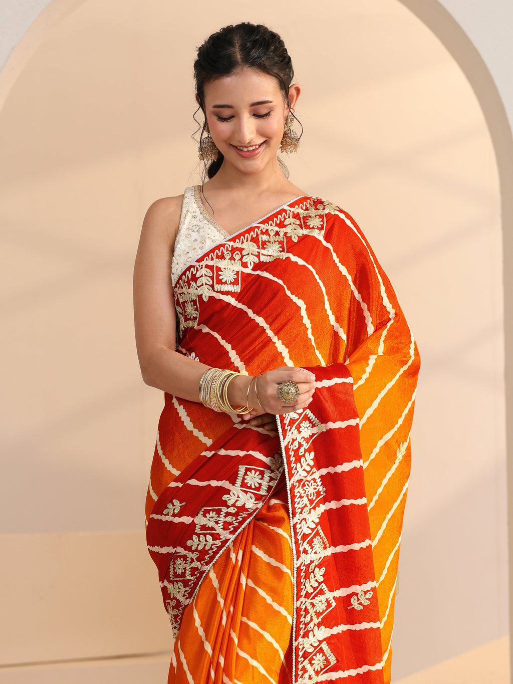 Libas Orange Leheriya Printed Ombre Silk Blend Saree