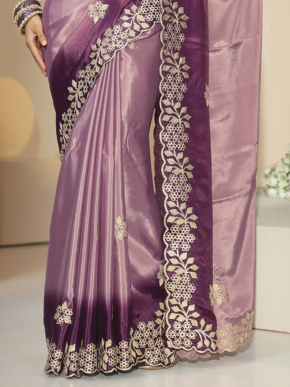 Libas Lavender Floral Embroidered Ombre Silk Blend Saree