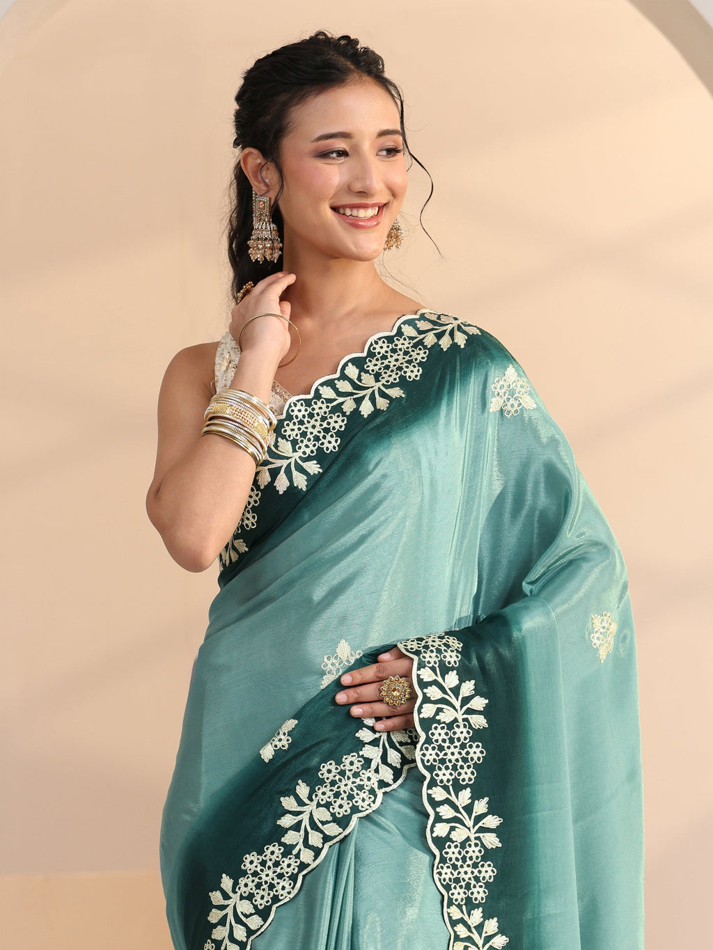Libas Aqua Blue Floral Embroidered Ombre Silk Blend Saree