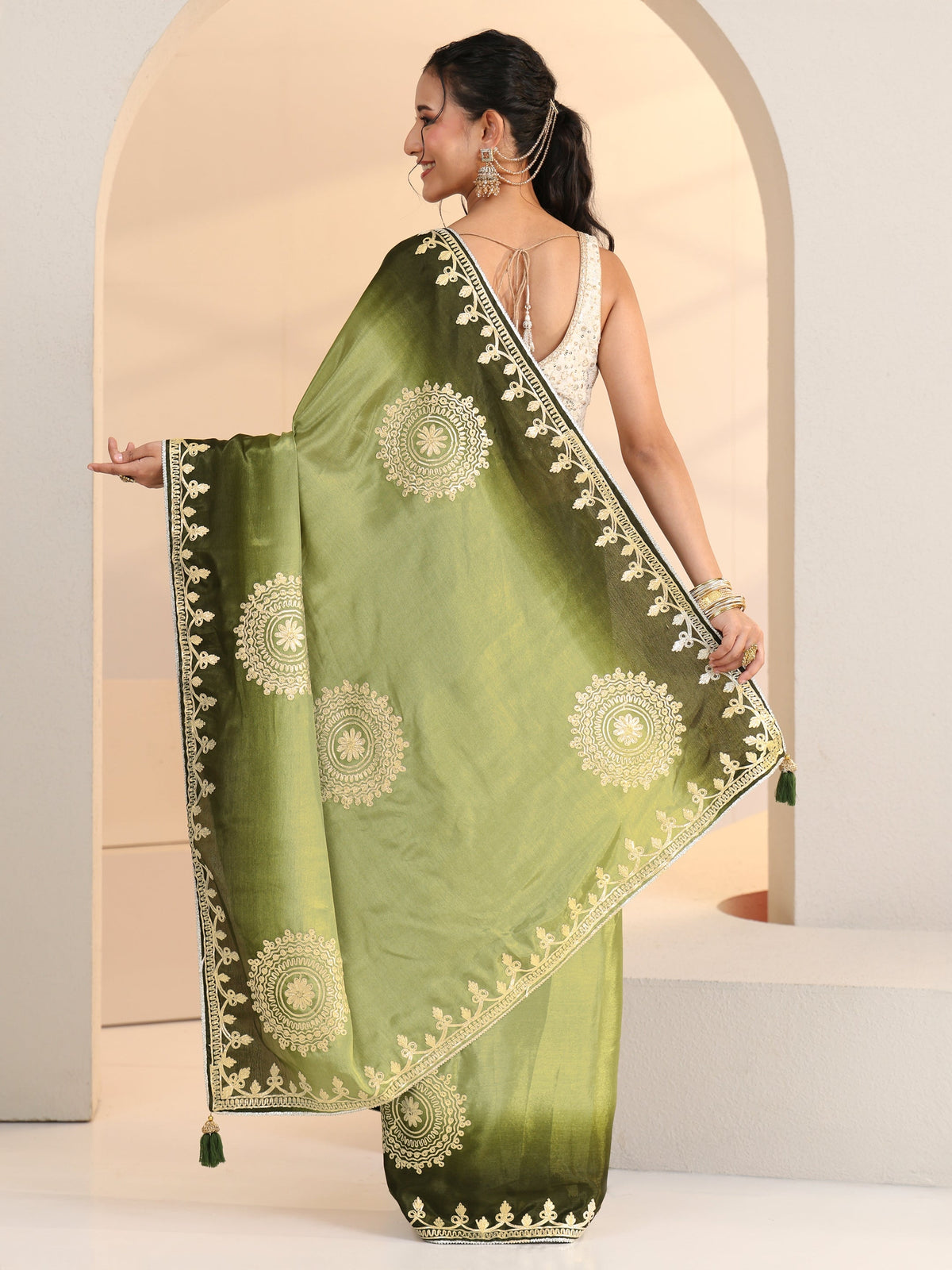 Libas Pista Green Mandala Art Embroidered Ombre Silk Blend Saree