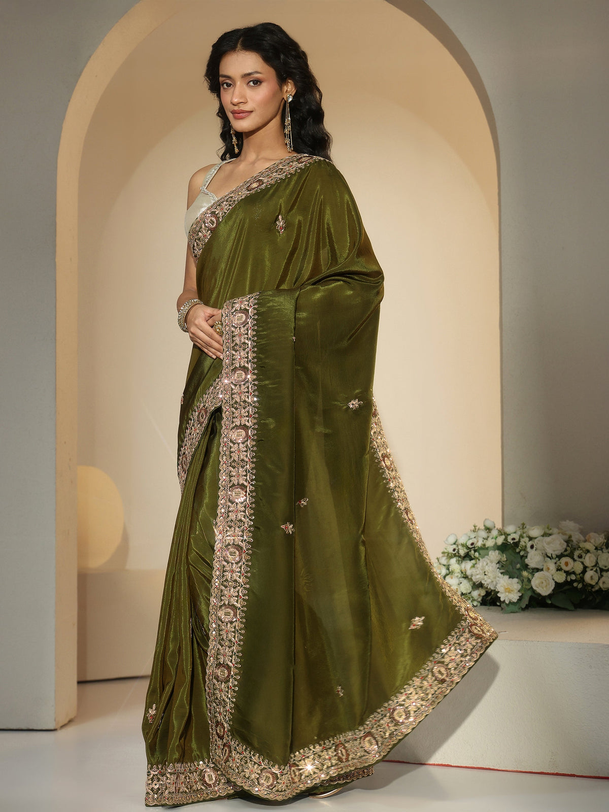 Libas Olive Green Embroidered Silk Blend Saree