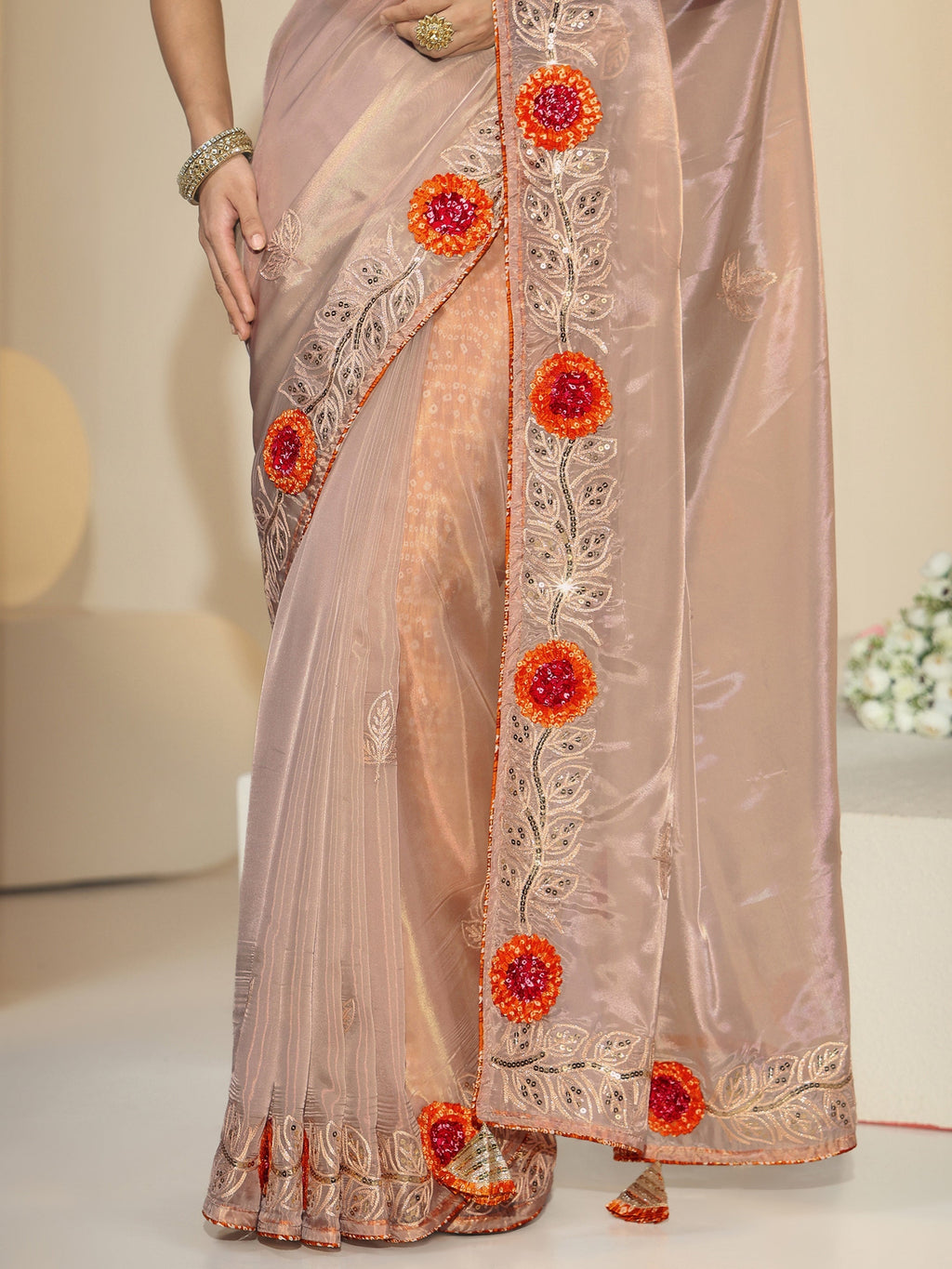 Libas Beige Floral Embellished Tissue Saree