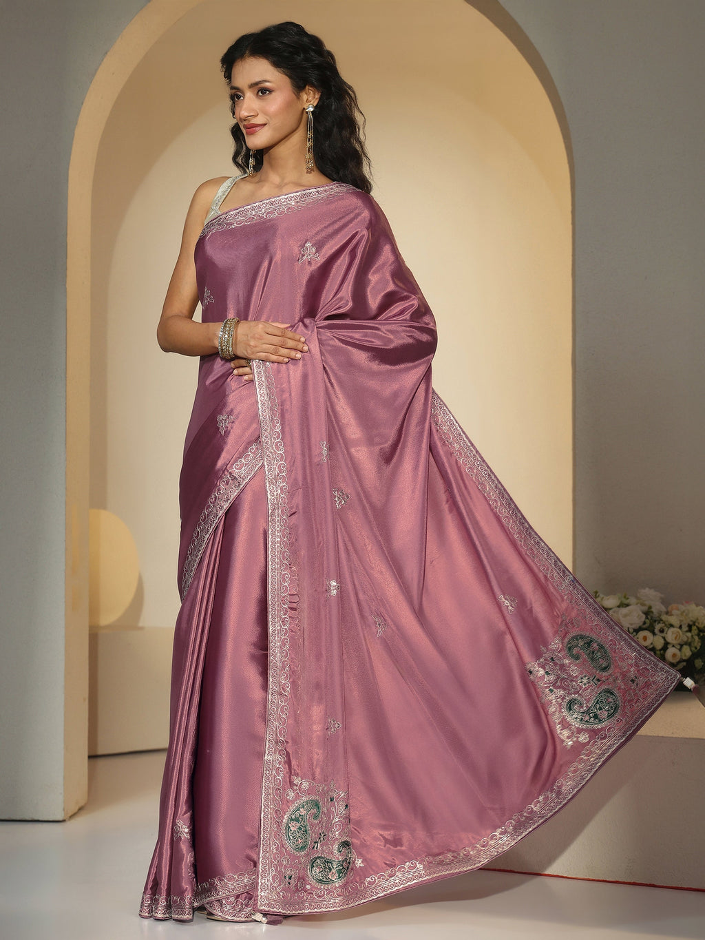 Libas Dusty Rose Pink Embroidered Silk Blend Saree