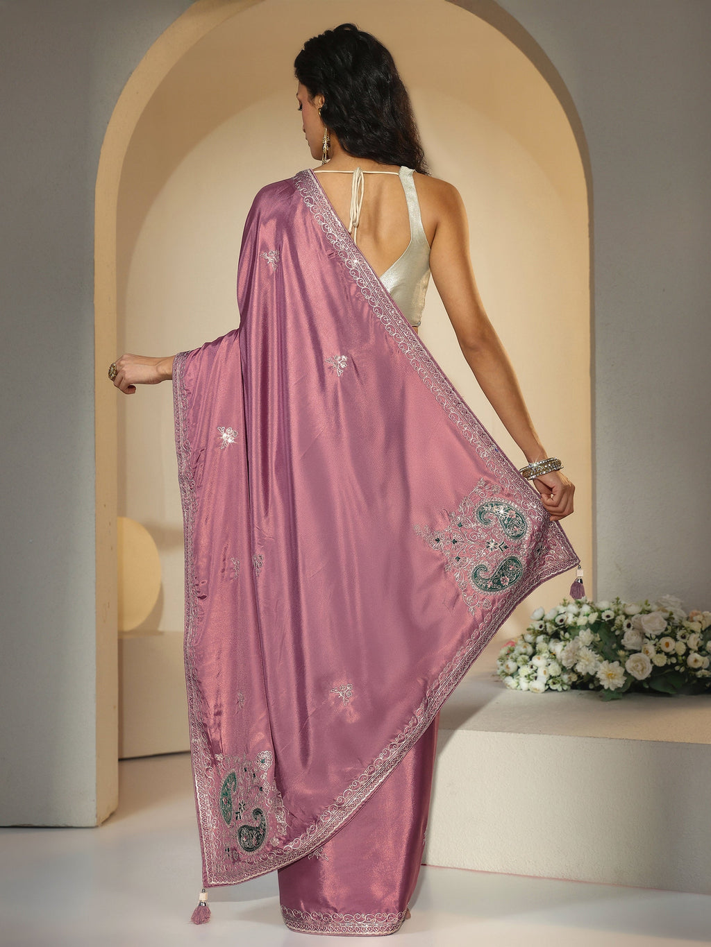 Libas Dusty Rose Pink Embroidered Silk Blend Saree