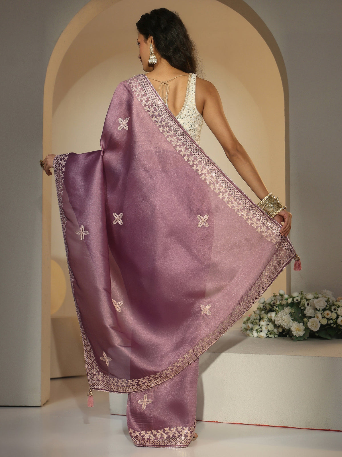 Libas Mauve Mirror Work Embellished Tissue Saree