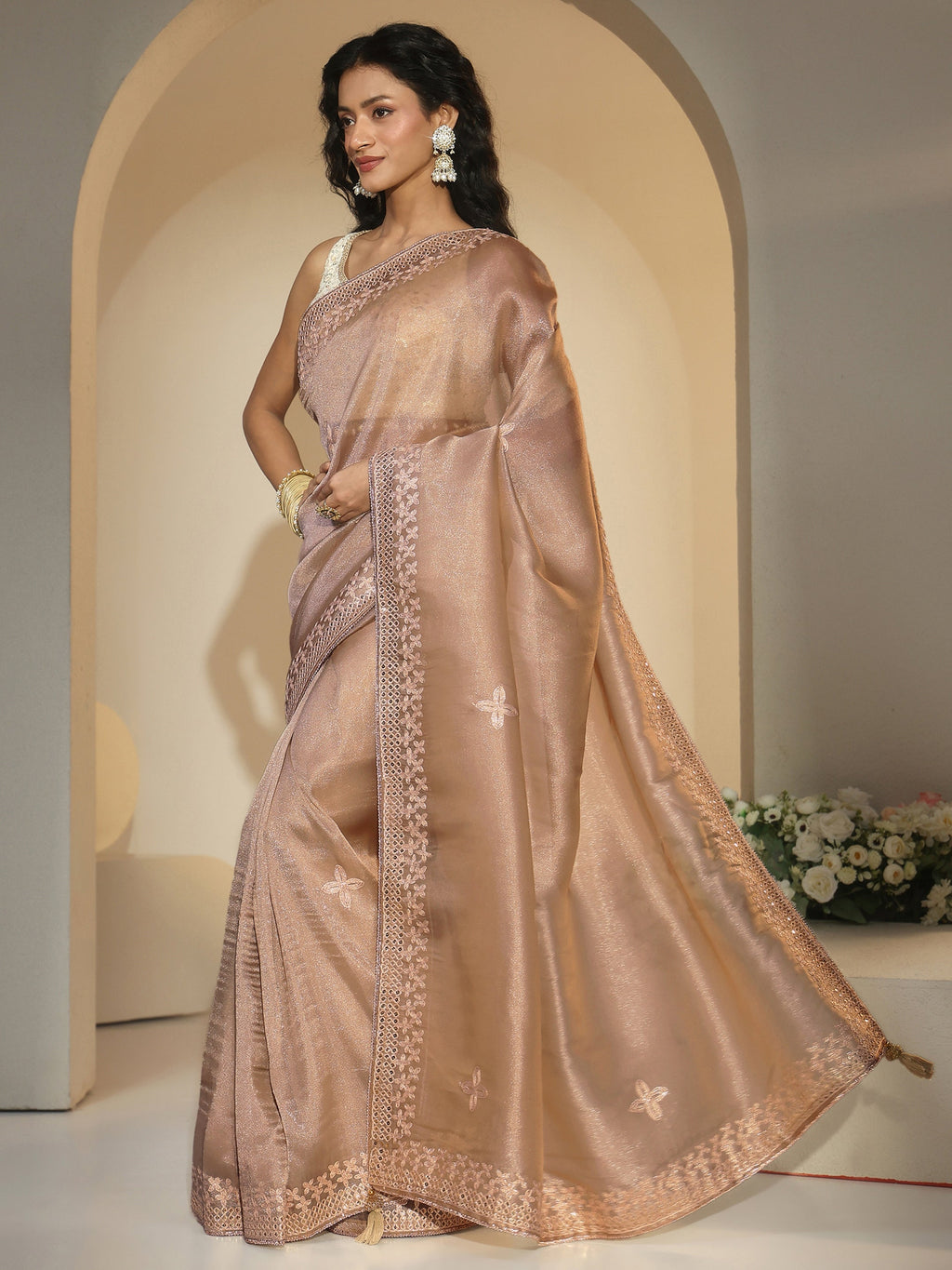 Libas Golden Mirror Work Embellished Tissue Saree
