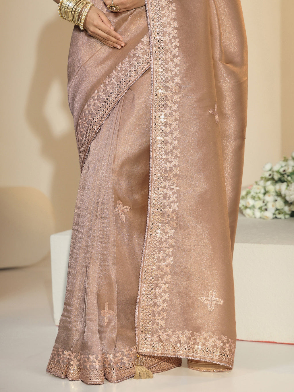 Libas Golden Mirror Work Embellished Tissue Saree