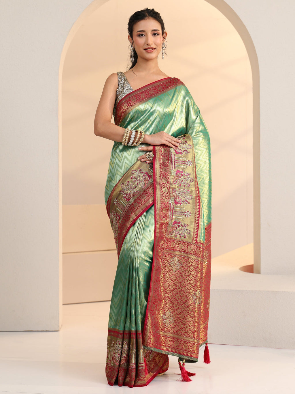 Libas Seafoam Green Chevron Woven Design Silk Blend Saree