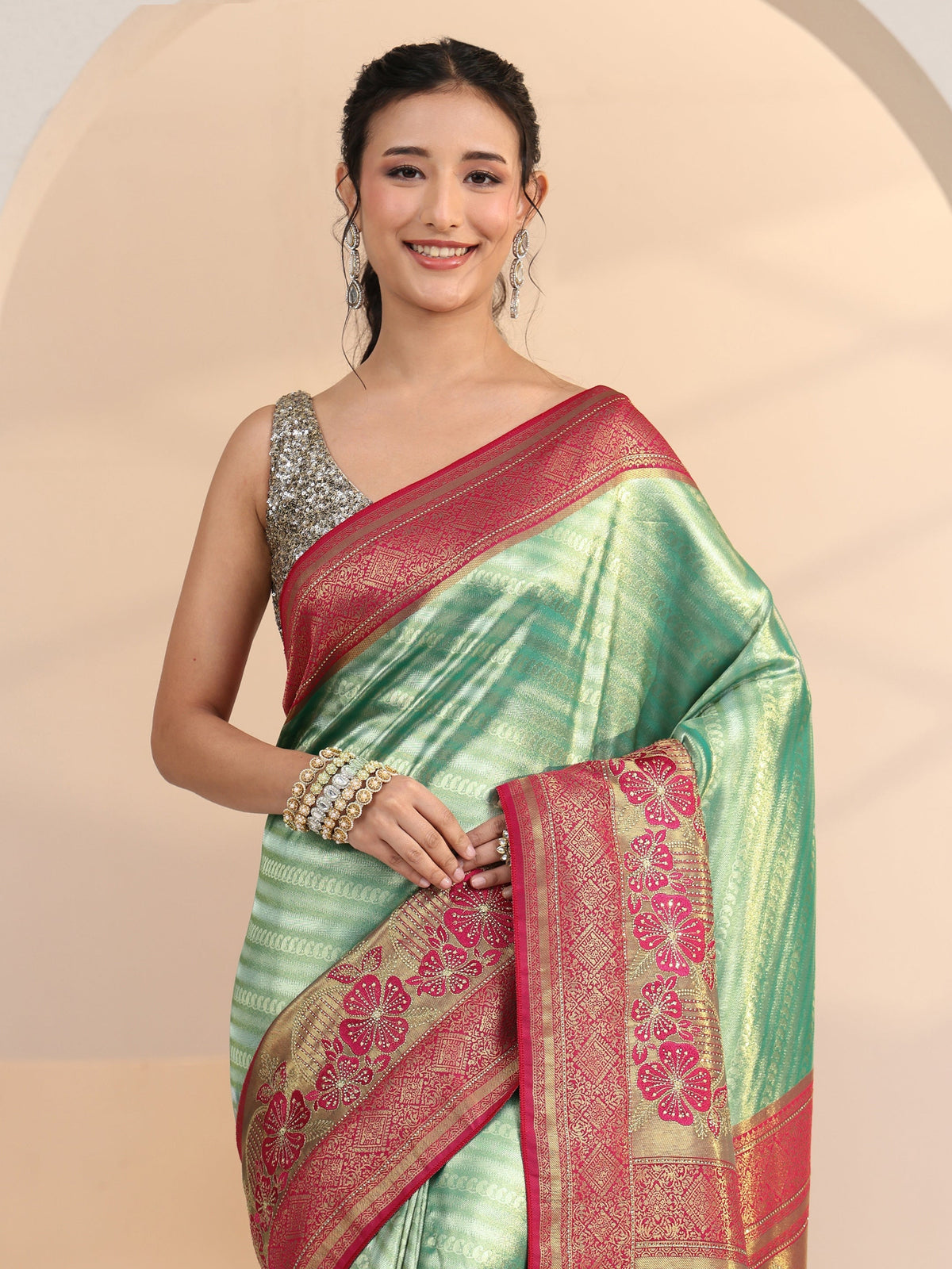 Libas Seafoam Green Woven Design Silk Blend Saree