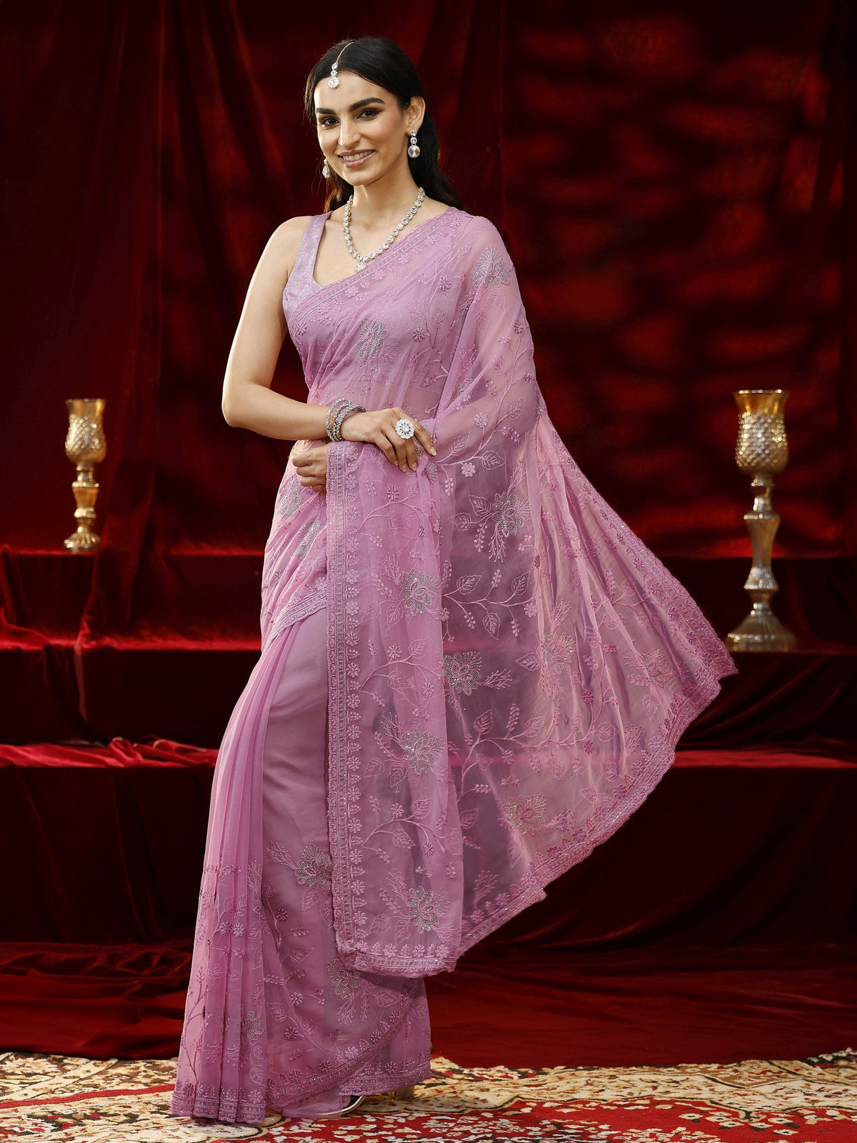 Libas Pink Floral Embroidered Chiffon Saree
