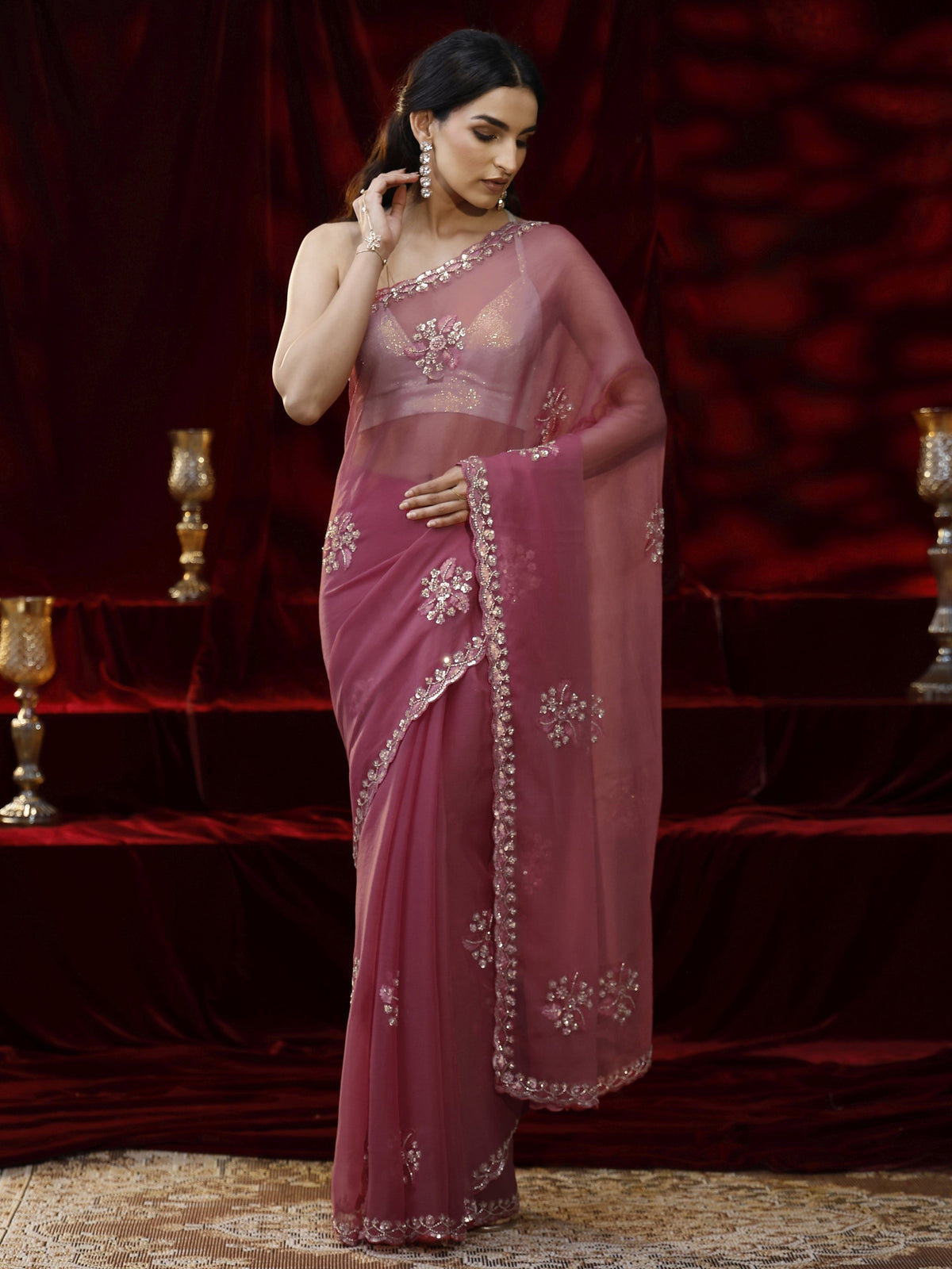 Libas Pink Floral Embellished Chiffon Saree