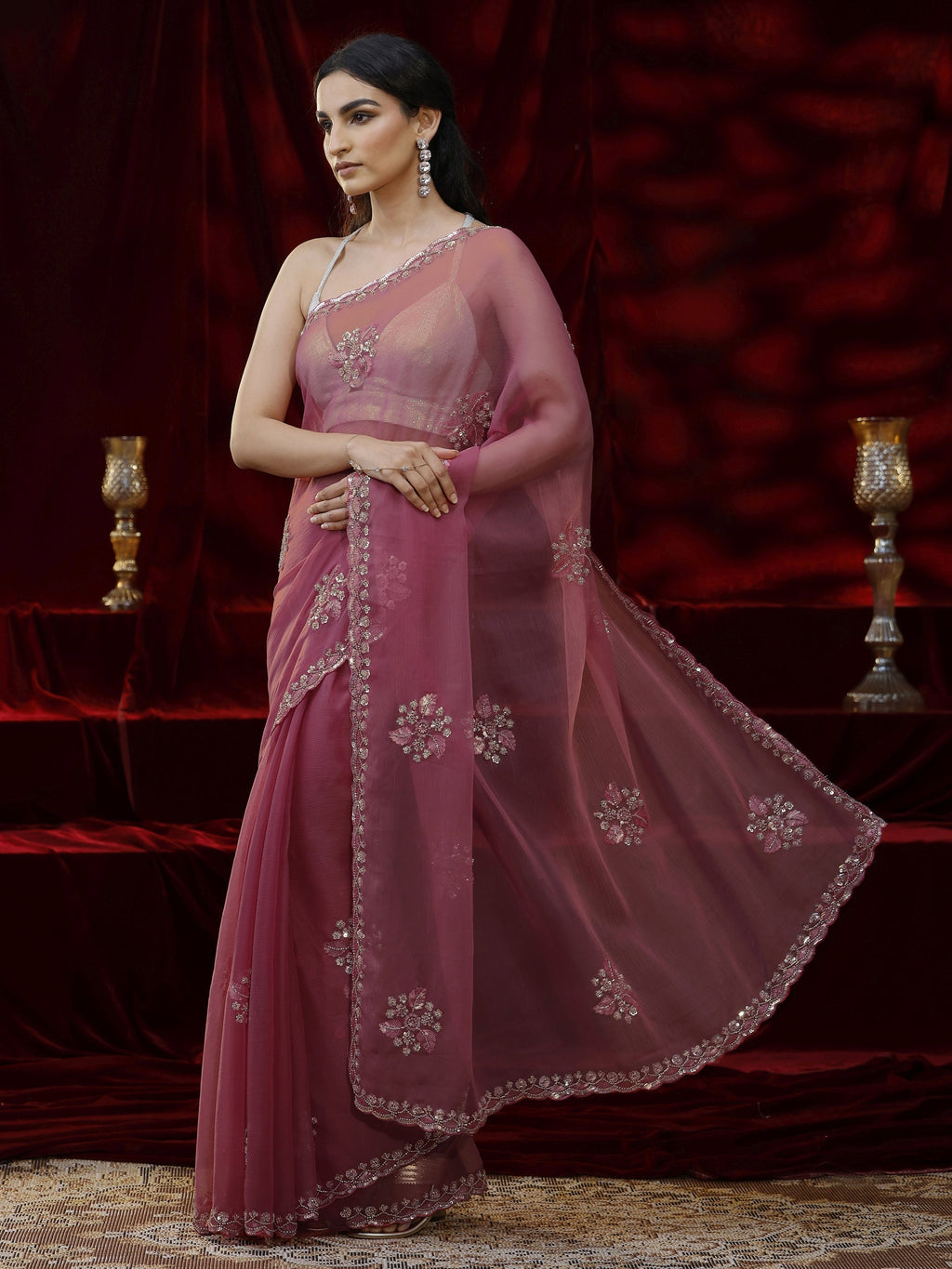 Libas Pink Floral Embellished Chiffon Saree
